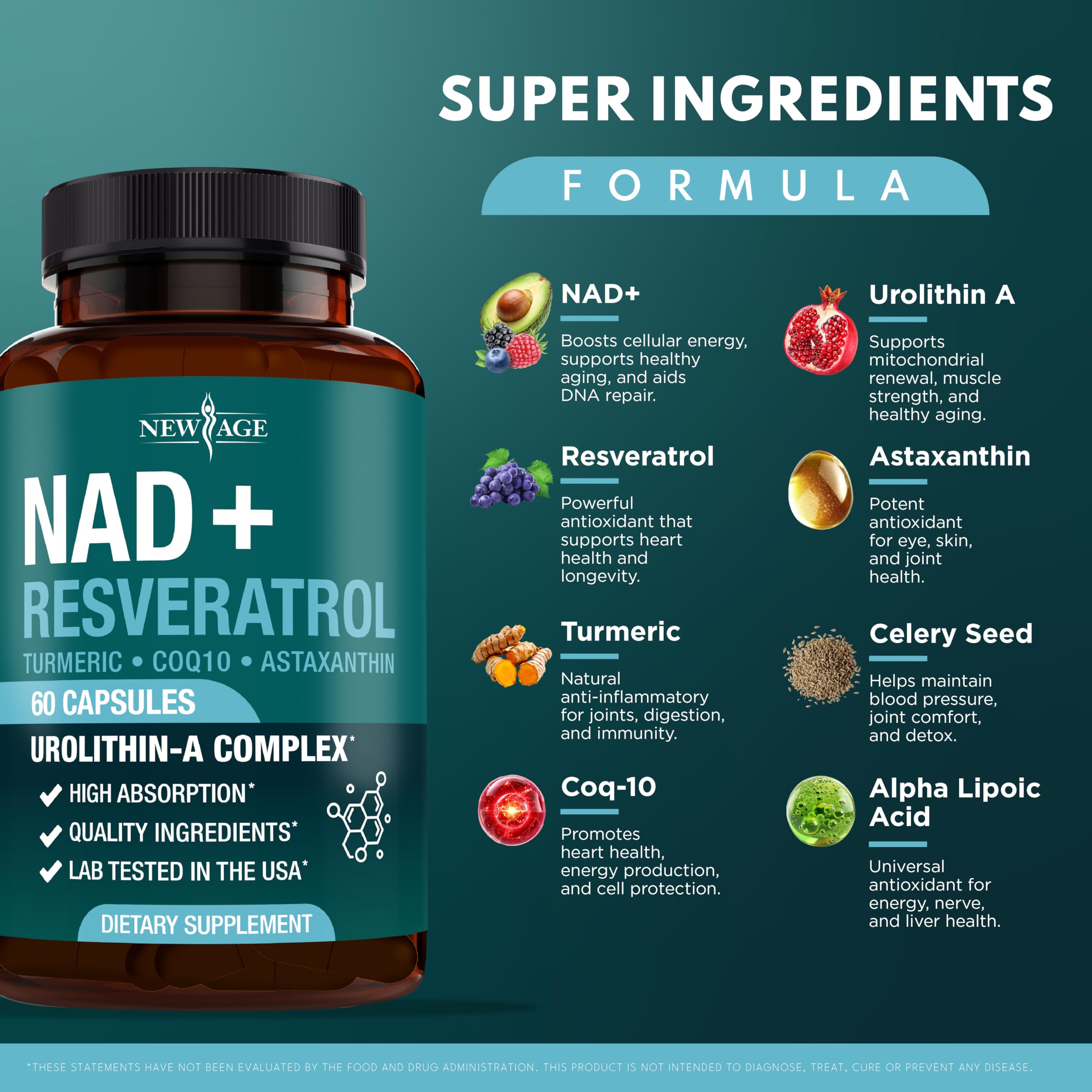 NEW AGE NAD+ Supplement Complex – NAD+ 300 mg with Astaxanthin, Urolithin A, Resveratrol, CoQ10 & Antioxidant Blend – Cellular Energy, Support or Women & Men – Vegan, Non-GMO- 120 Count NEW AGE Au supplements