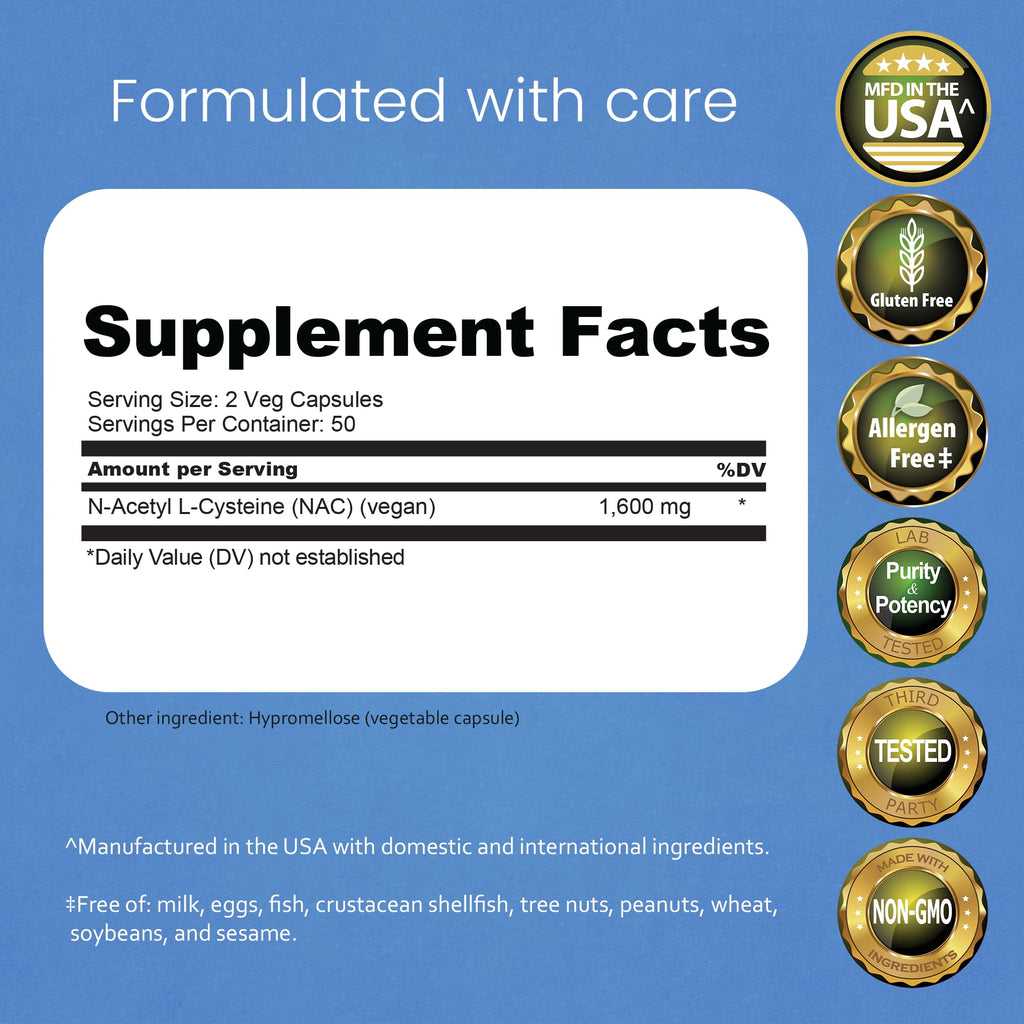 NaturaLife Labs N-Acetyl-L-Cysteine (NAC) 1600 mg – 100 Capsules - Vegan, Non-GMO & Gluten-Free