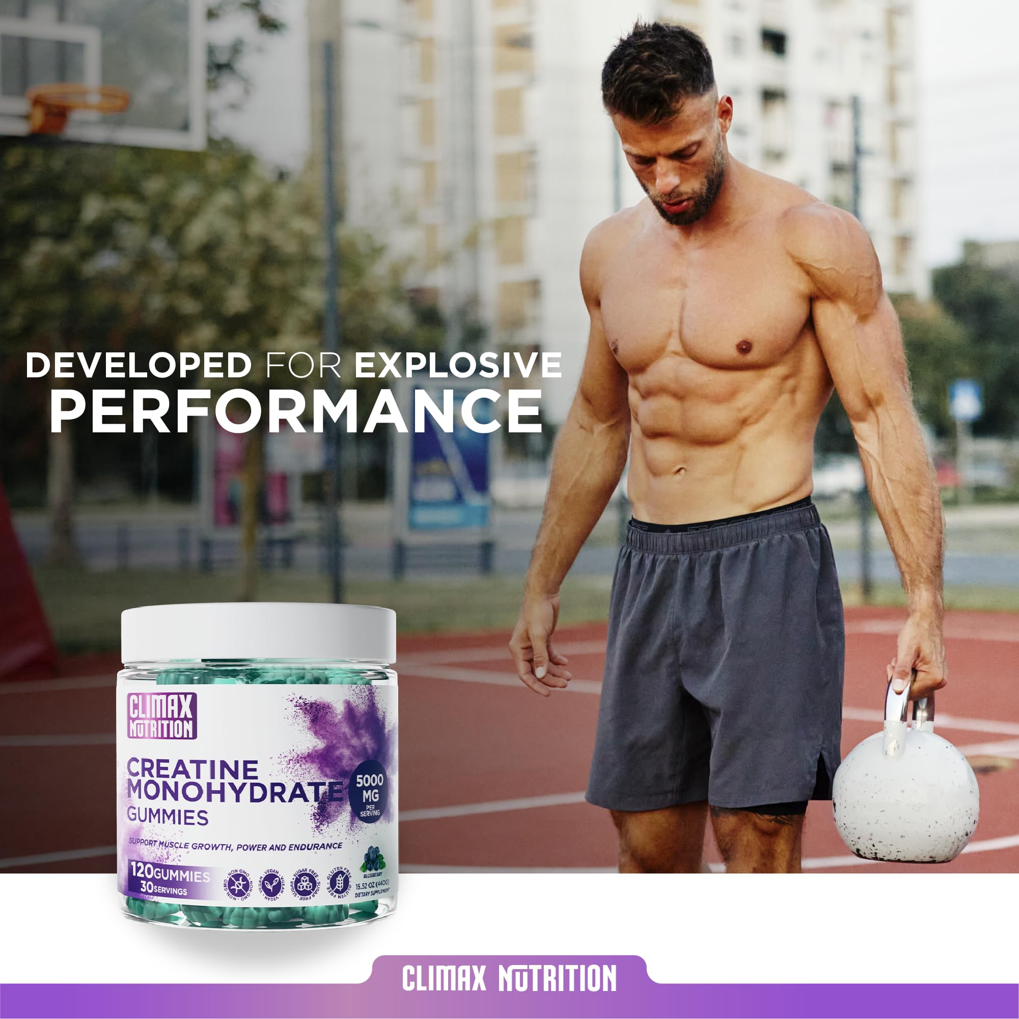Creatine Monohydrate Gummies - Vegan, Sugar-Free, Gluten-Free - Boosts Muscle Recovery, Strength & Lean Muscle Growth - Brain Health Support - for Men & Women - Blueberry Flavor - 120 Gummies CLIMAX NUTRITION Au supplements
