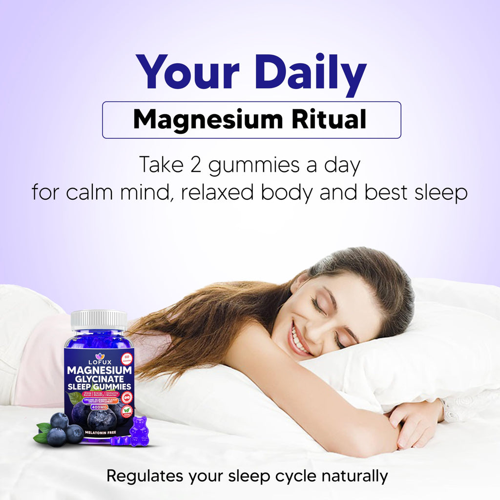 Lofux Magnesium Glycinate Gummies 400mg, Sugar Free Magnesium Gummies for Adults Women, Men, Chewable Supplement Gummy with L-Threonate, Vitamin D, B6, CoQ10