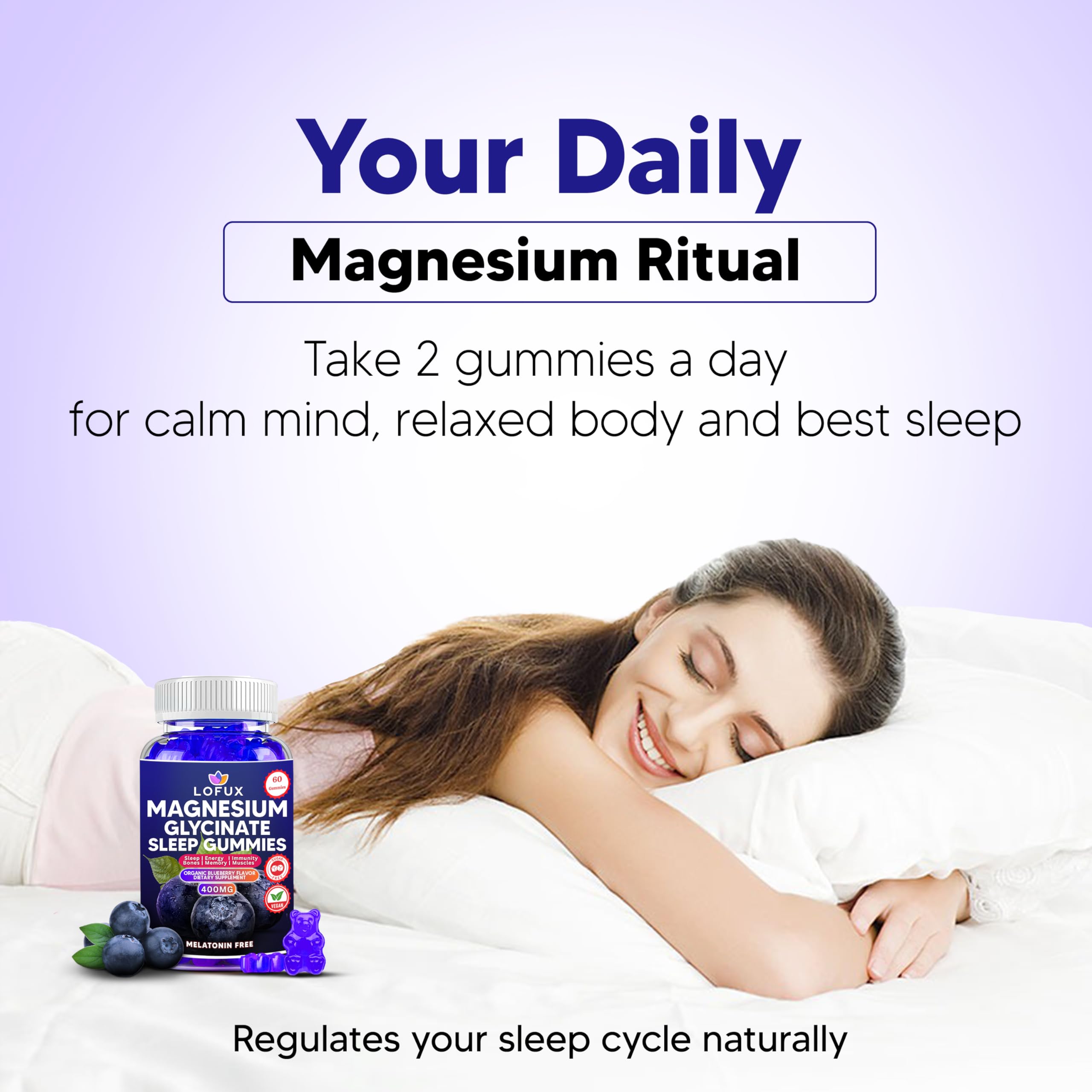 Lofux Magnesium Glycinate Gummies 400mg, Sugar Free Magnesium Gummies for Adults Women, Men, Chewable Supplement Gummy with L-Threonate, Vitamin D, B6, CoQ10