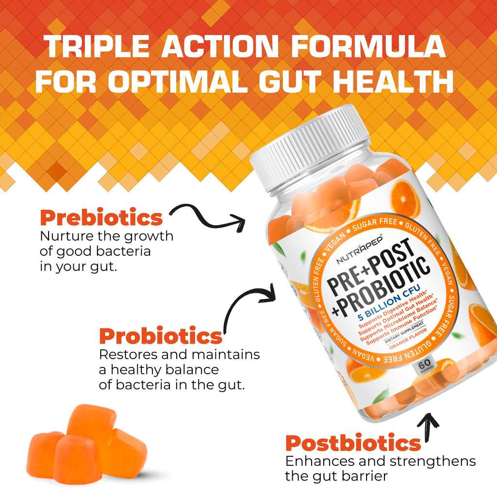 NutraPep Prebiotic Probiotic & Postbiotic Gummies for Women Men & Kids Children - High Potency 5 Billion CFU - Sugar-Free & Gluten 60 Count (Pack of 2)