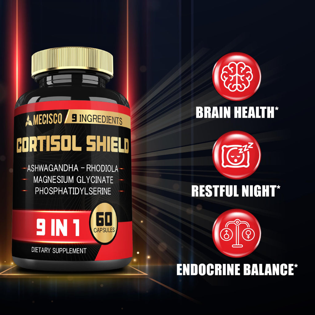 9in1 Cortisol Shield - Ashwagandha & Magnesium Glycinate, Rhodiola, Phosphatidylserine, L-Theanine, Licorice Root, St. John's Wort, Lions Mane - Mind & Mood, Restful Night Support - 60 Capsules Mecisco Au supplements