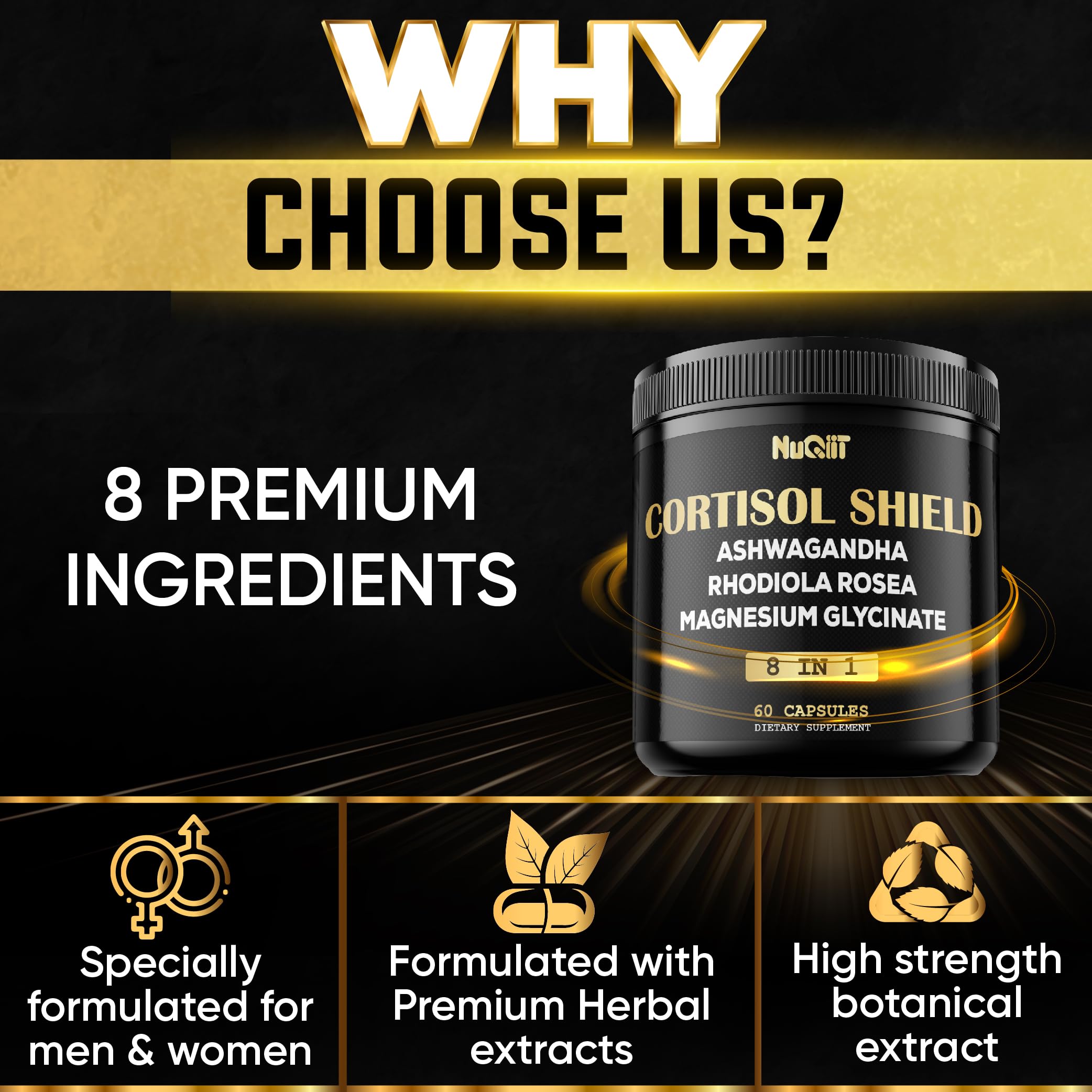 8in1 Cortisol Shield - Ashwagandha and Magnesium, Rhodiola Rosea, Lions Mane, Sea Moss, Turmeric, St Jonh's Wort - Mind& Mood Balance, Rest Well, Support Immume - 60 Capsules NUQIIT Au supplements