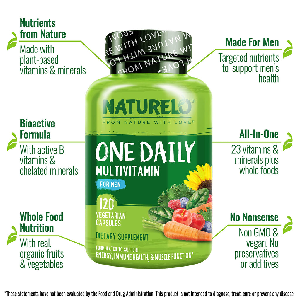 NATURELO Mens Multivitamins - One Daily Multivitamin for Men with Vitamins, Minerals & Organic Whole Foods, Boost Energy & Health