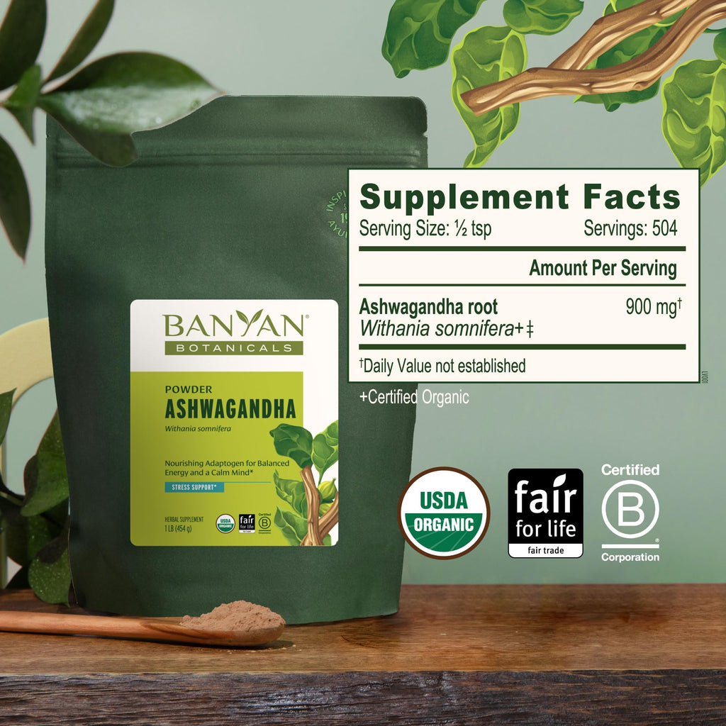 Banyan Botanicals Organic Ashwagandha Root Powder–1lb Bulk (504 Servings)Natural Cortisol Manager & Adrenal Support–Stress Relief, Better Sleep & Energy–Adaptogen for Smoothies & Moon Milk–Vegan,FFL* Banyan Botanicals Au supplements