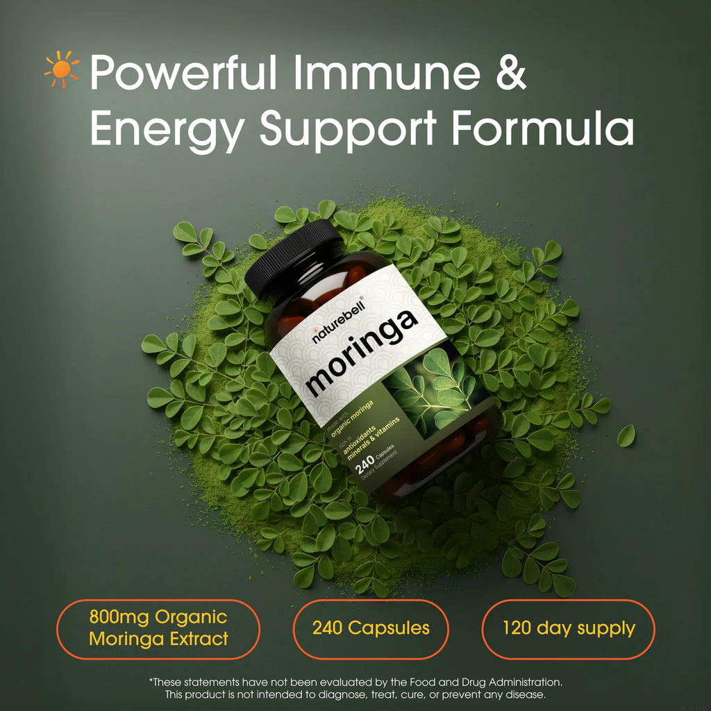 NatureBell Moringa - 240 Capsules - Organic Moringa for Immune, Energy & Skin Health Support - Green Superfood Properties