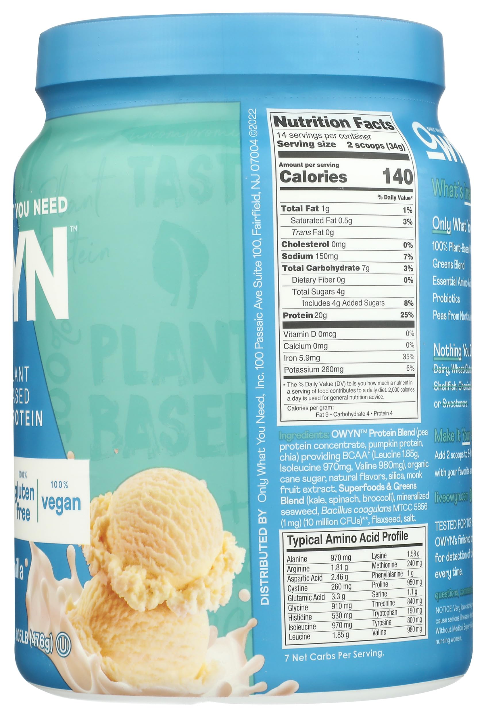 OWYN Only What You Need Plant-Based Protein Powder, Smooth Vanilla, 1.05 lbs