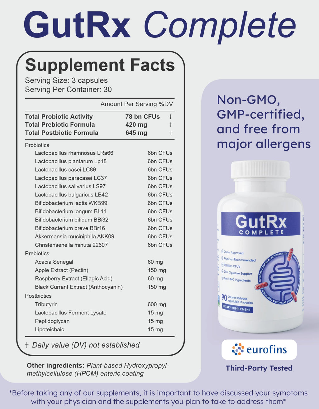 GutRx Complete Probiotic, Prebiotic, Postbiotic, Alternative with Akkermansia & Christensenella for Gas, Bloating, Gut Barrier & Microbiome Support