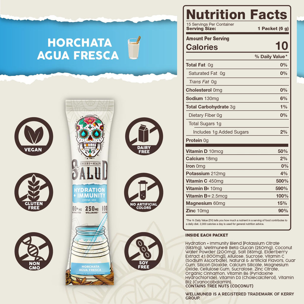 Salud 2-in-1 Hydration Packets + Immunity Electrolytes Powder, Horchata - Agua Fresca Drink Mix, Elderberry, Dairy & Soy Free, Non-GMO, Gluten Free, Vegan
