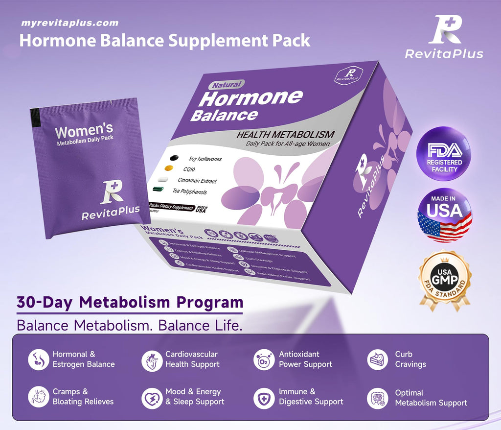 Natural Hormone Balance for Women, Menopause Supplements for Women with Evening Primrose Oil,CoQ10,Soy Isoflavones, Daily Pack Supports Peri+Menopause+Post, PMS,Metabolism,Mood,Energy 30Packs RevitaPlus Au supplements