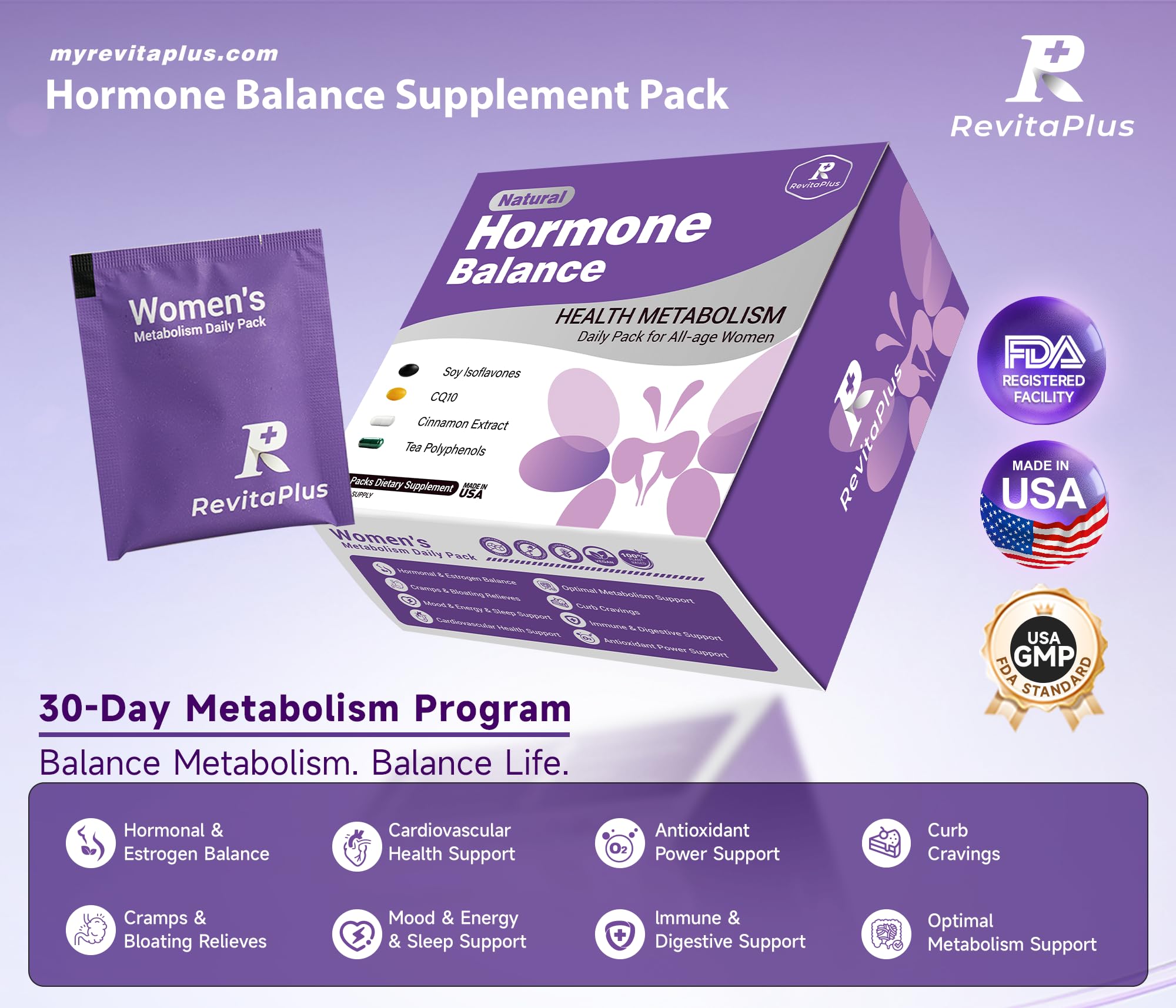 Natural Hormone Balance for Women, Menopause Supplements for Women with Evening Primrose Oil,CoQ10,Soy Isoflavones, Daily Pack Supports Peri+Menopause+Post, PMS,Metabolism,Mood,Energy 30Packs RevitaPlus Au supplements