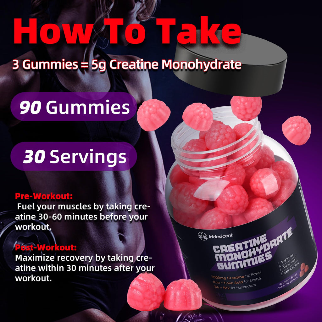 IRIDESICENT Creatine Monohydrate Gummies 5000mg w/Iron, Vitamin B6 & B12, Sugar Free 5g Creatine Supplements for Women and Men Boost Energy & Muscle Recovery - 90 Raspberry Gummies IRIDESICENT Au supplements