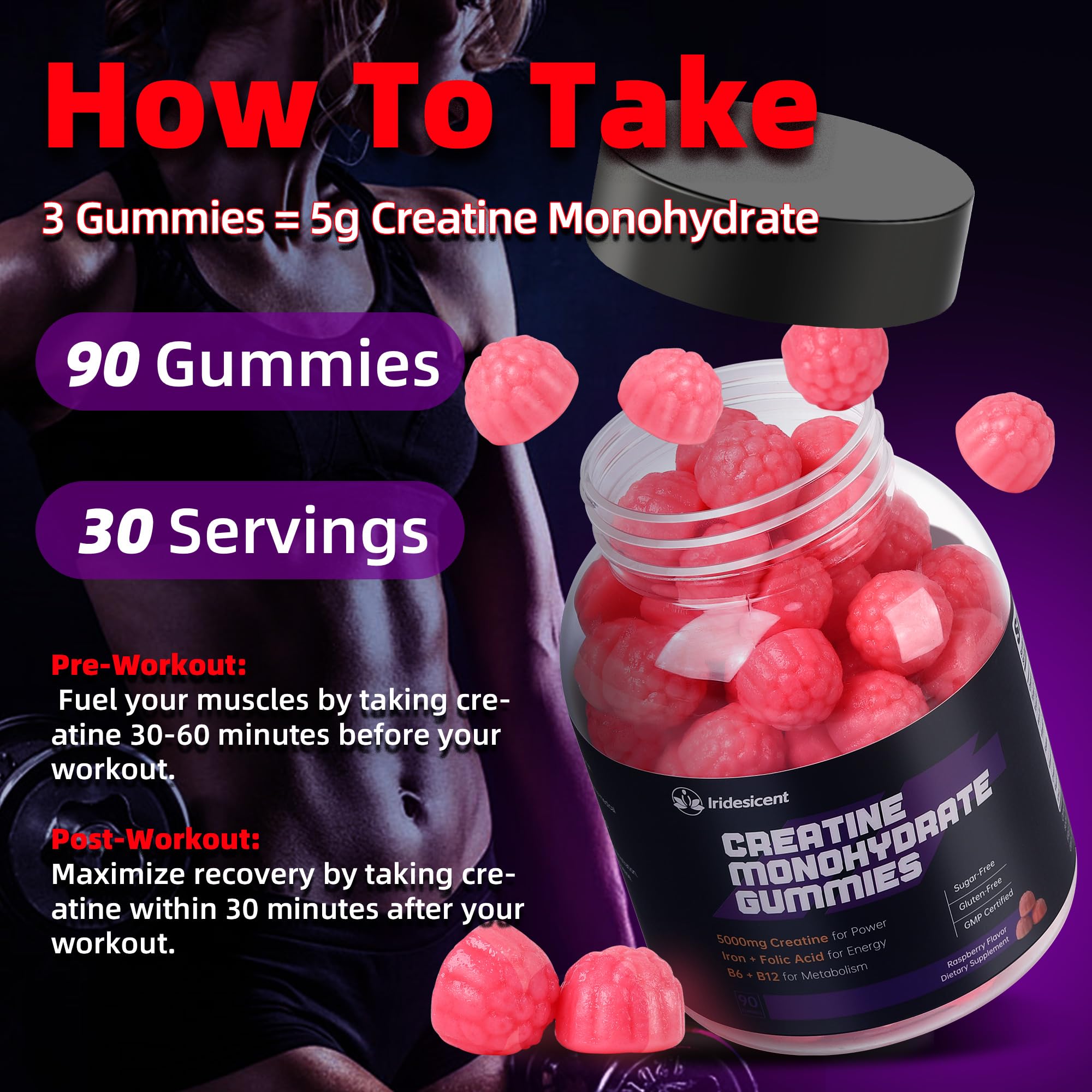 IRIDESICENT Creatine Monohydrate Gummies 5000mg w/Iron, Vitamin B6 & B12, Sugar Free 5g Creatine Supplements for Women and Men Boost Energy & Muscle Recovery - 90 Raspberry Gummies IRIDESICENT Au supplements