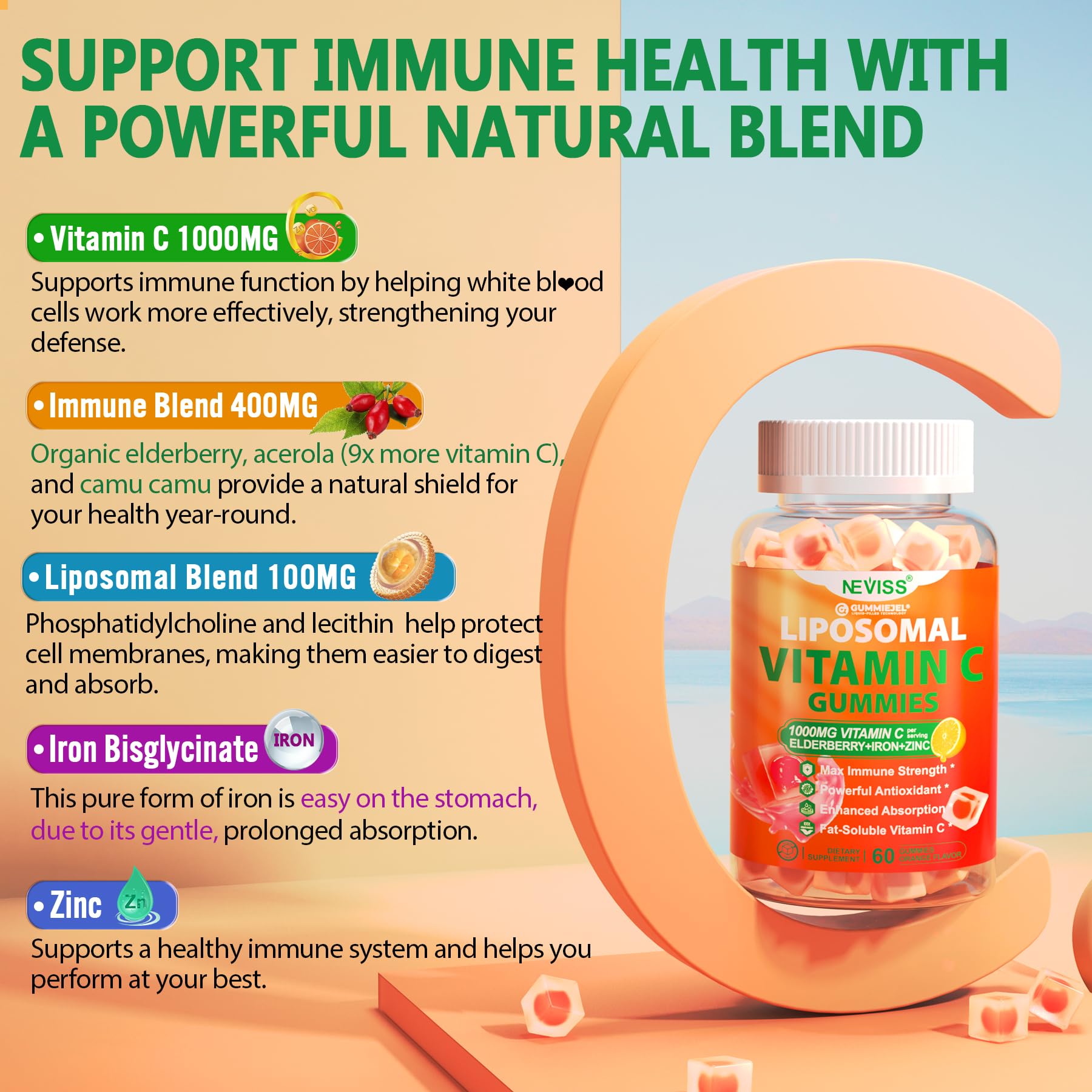 Liposomal Vitamin C 1000mg Gummies for Adults - Vitamin C Chewable with Elderberry, Zinc & 8mg Iron, Sugar Free Vit C Supplements, Daily Immune Support Gummies for Energy
