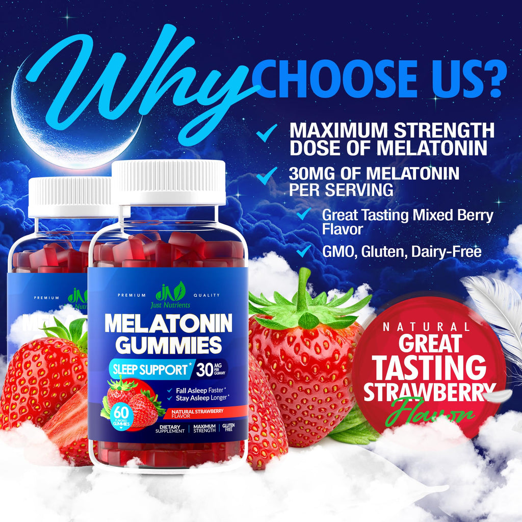 Melatonin 30mg Gummies for Adults (60 Servings) - Maximum Strength Sleep Support with 30mg of Melatonin Per Gummy - Gluten-Free, Sugar-Free, Non-GMO, 100% Vegetarian,