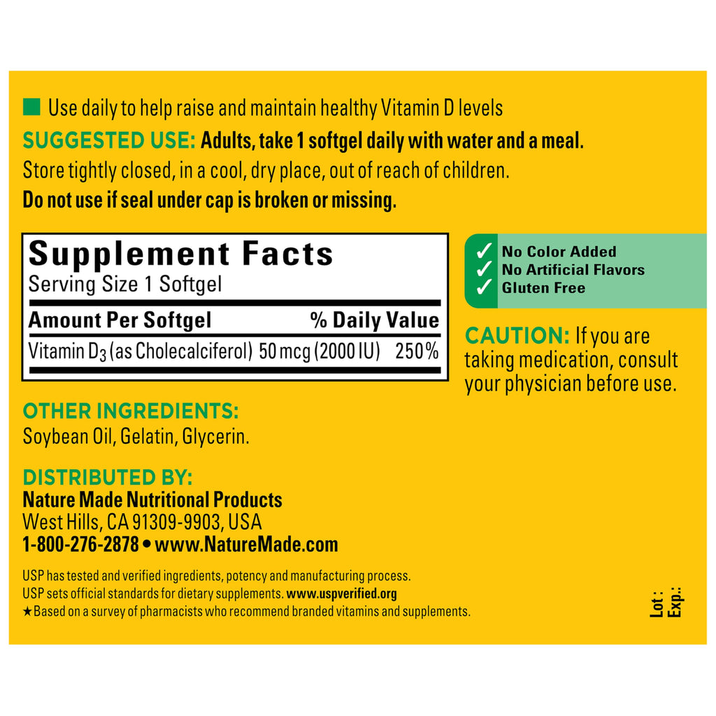 Nature Made Vitamin D3 2000 IU (50 mcg), Vitamin D Supplement for Bone, Teeth, Muscle and Immune Health Support, 250 Softgels, 250 Day Supply