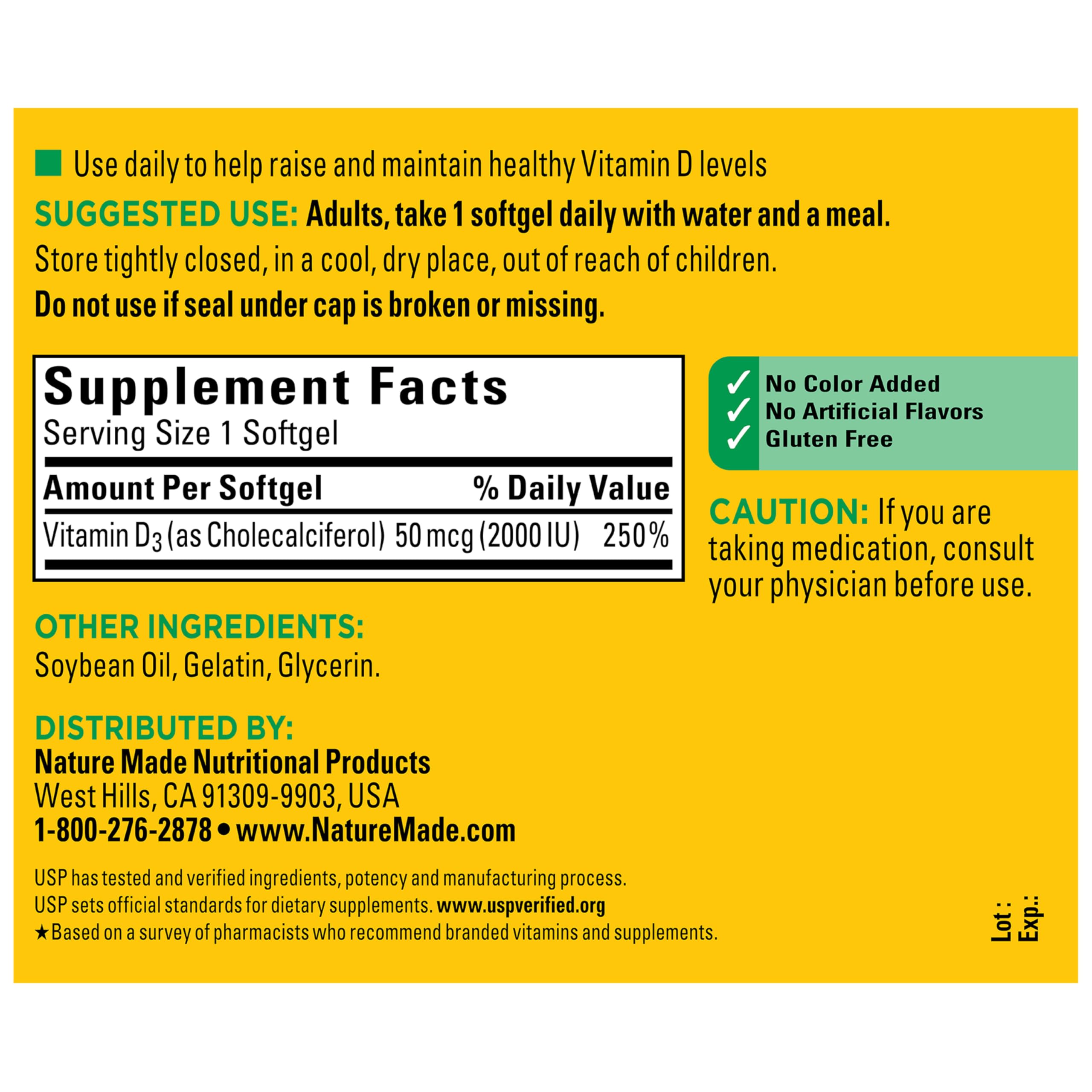 Nature Made Vitamin D3 2000 IU (50 mcg), Vitamin D Supplement for Bone, Teeth, Muscle and Immune Health Support, 250 Softgels, 250 Day Supply