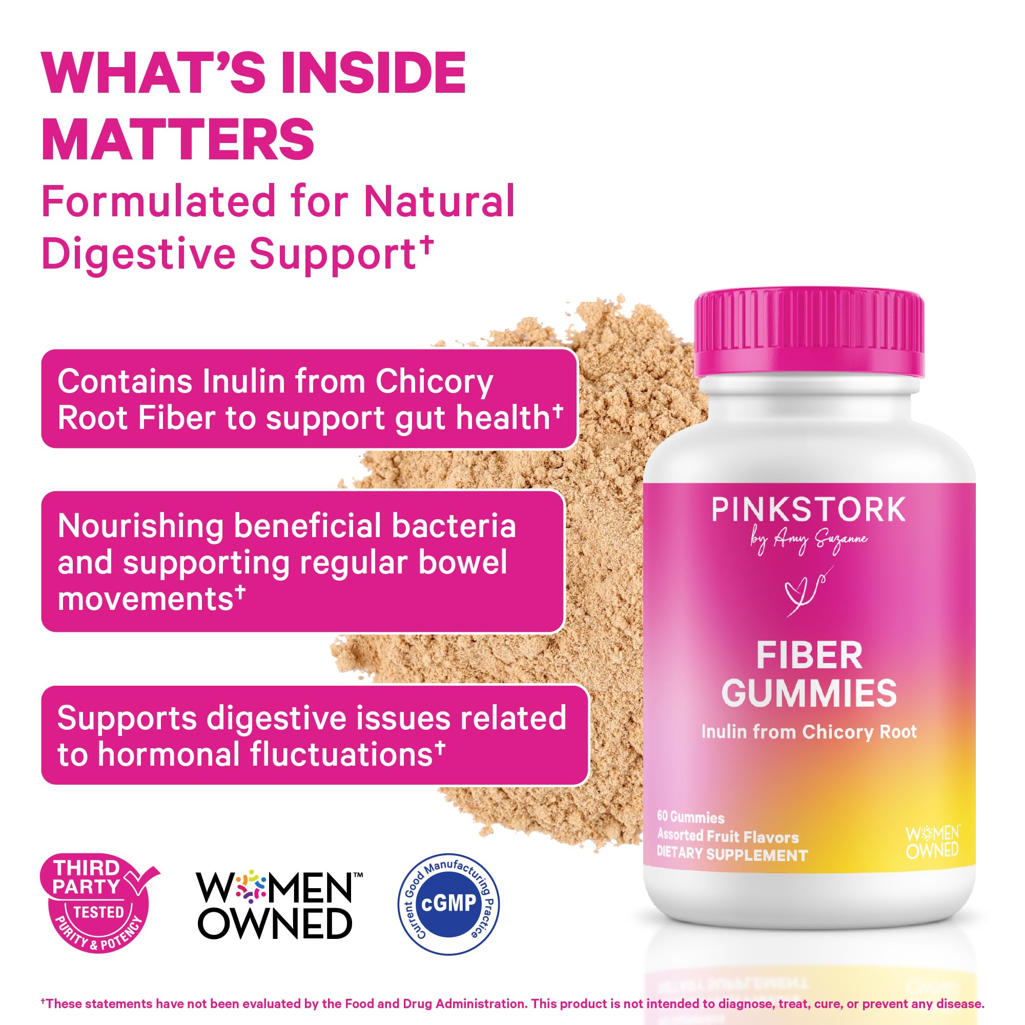 Pink Stork Prenatal Fiber Gummies for Women - 3g Prebiotic Inulin from Chicory Root - Natural Pregnancy & Postpartum Stool Softeners