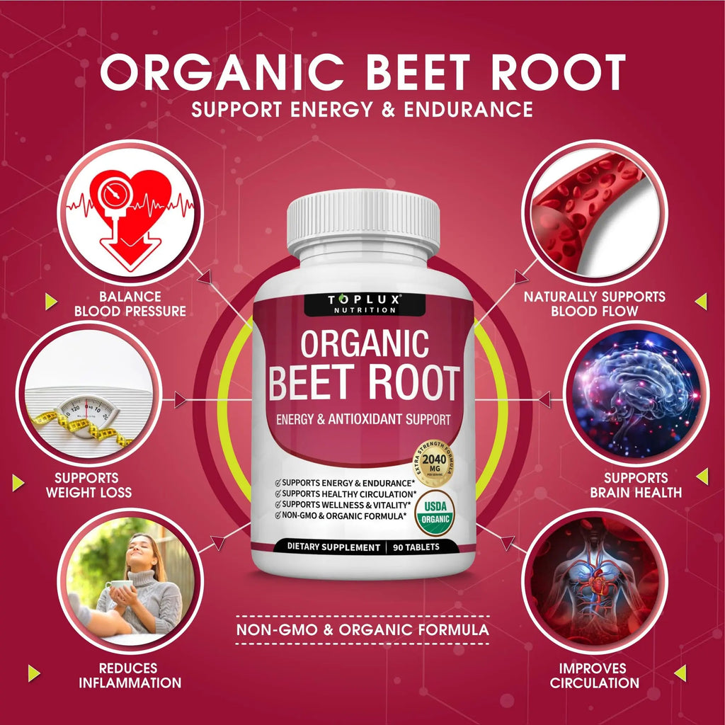 Organic Beet Root Powder Tablets - 2040mg Natural Nitric Oxide Beets to Support, Energy Toplux Au supplements