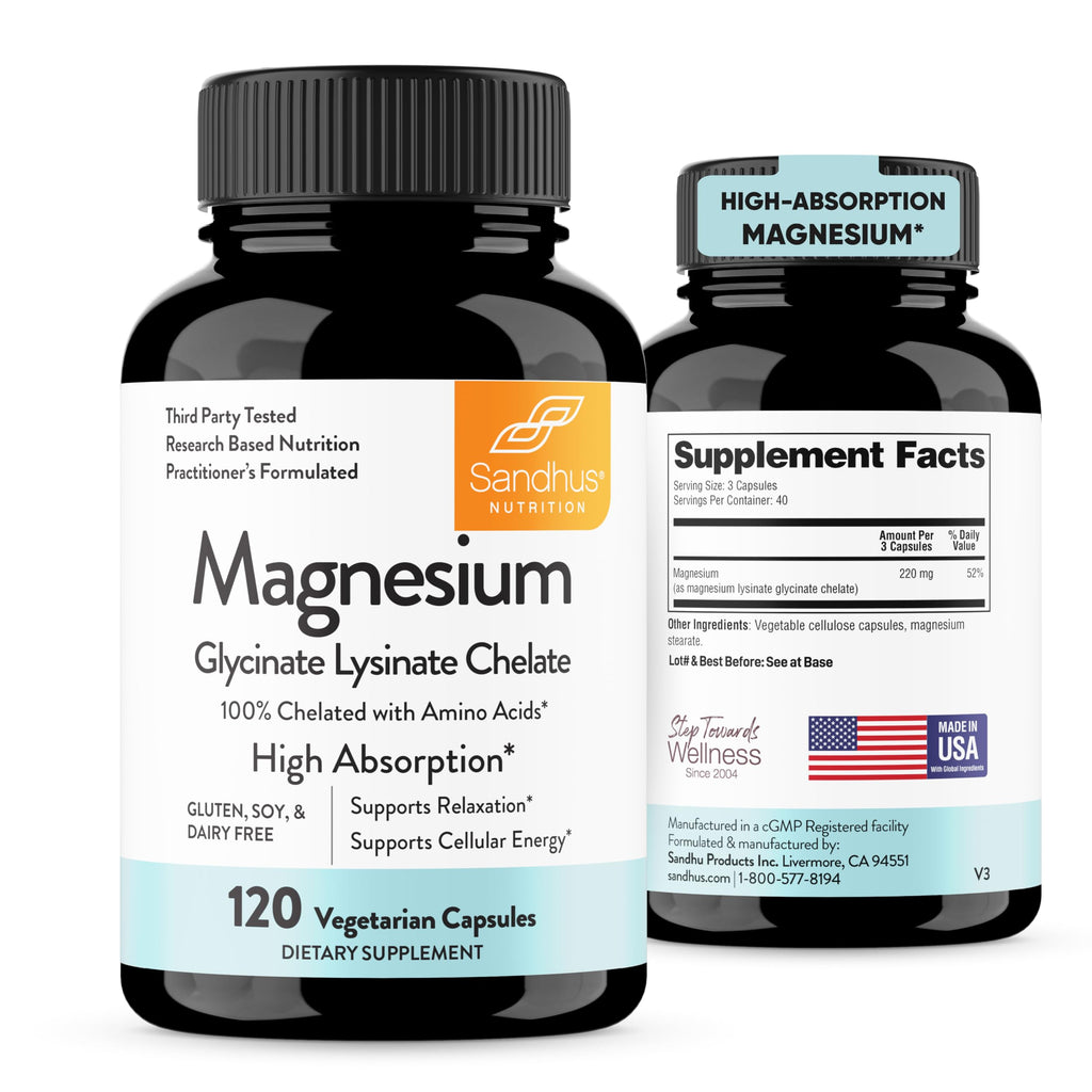 Sandhu's Magnesium Glycinate Lysinate | 120 Easy to Swallow Chelated Vegan Capsules | Magnesium Lysine Chelate Supplement for High Absorption | for Best Sleep, Leg Cramps, Relaxation Sandhu's Au supplements