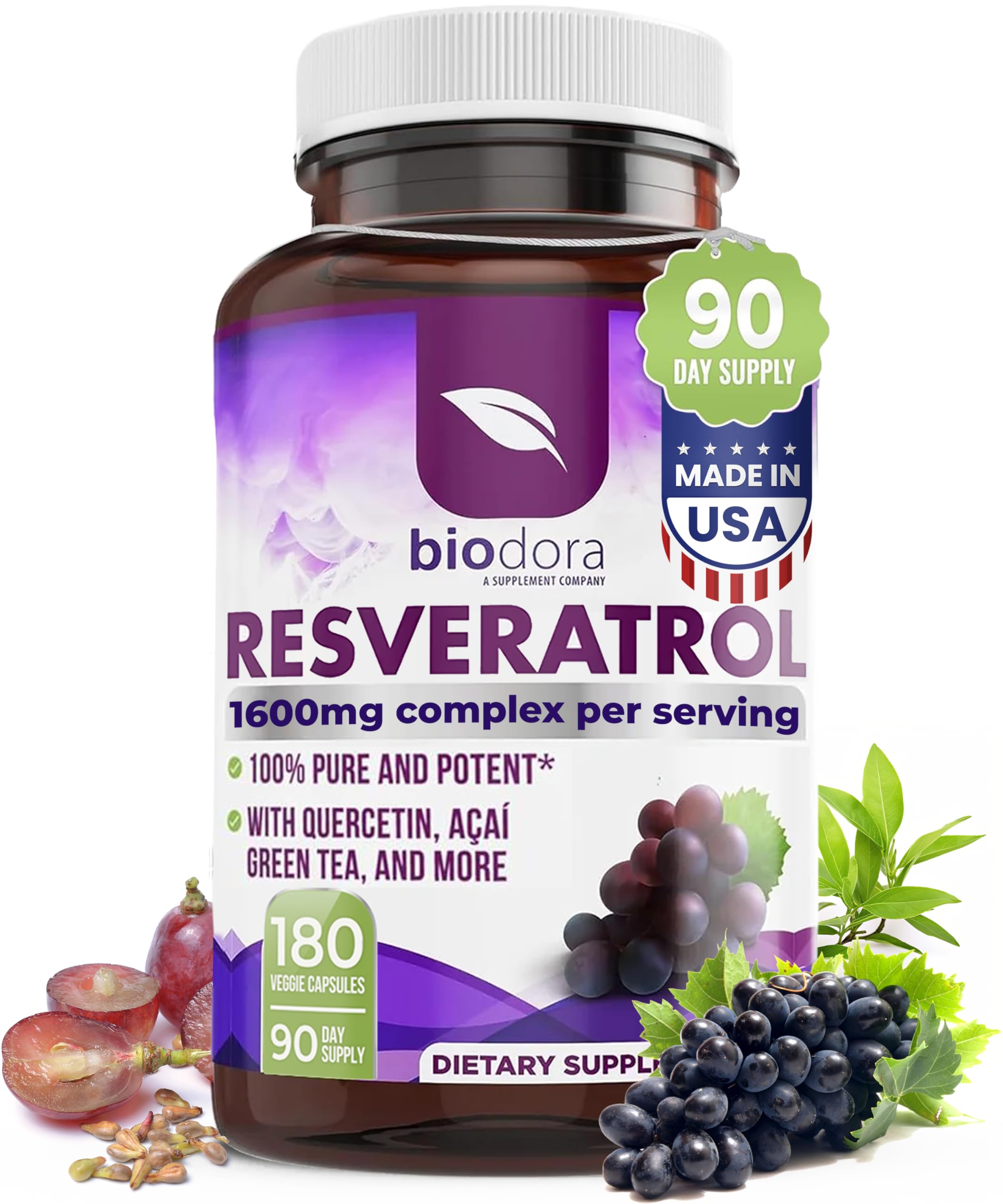 Resveratrol 1600mg - 180 Capsules | Trans-Resveratrol Antioxidant Supplement with Natural Green Tea, Grape Seed Polyphenols & Quercetin, Supports Digestive