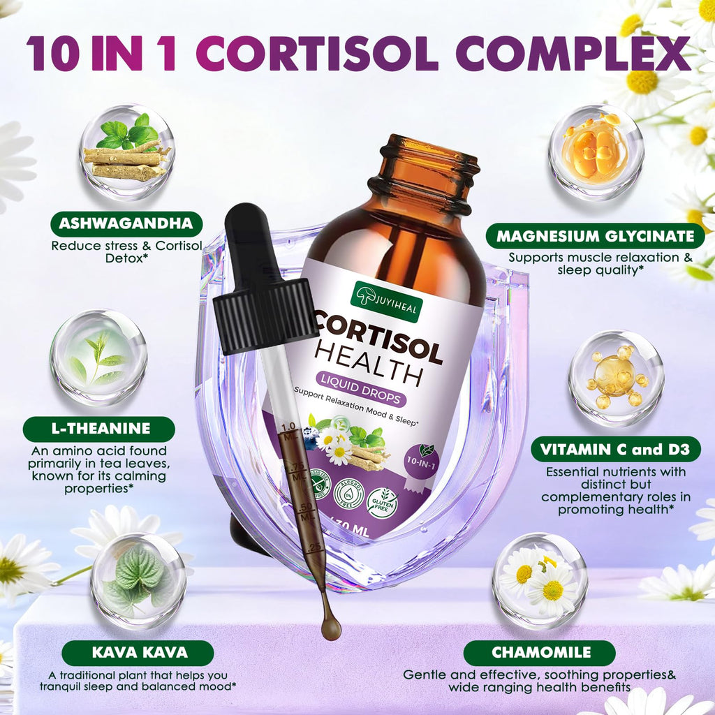 JUYIHEAL Cortisol Supplements, 10 in 1 Cortisol Detox Manager Reducer Hormone Balance Liquid Drops with Ashwagandha, Magnesium, L-theanine JUYIHEAL Au supplements