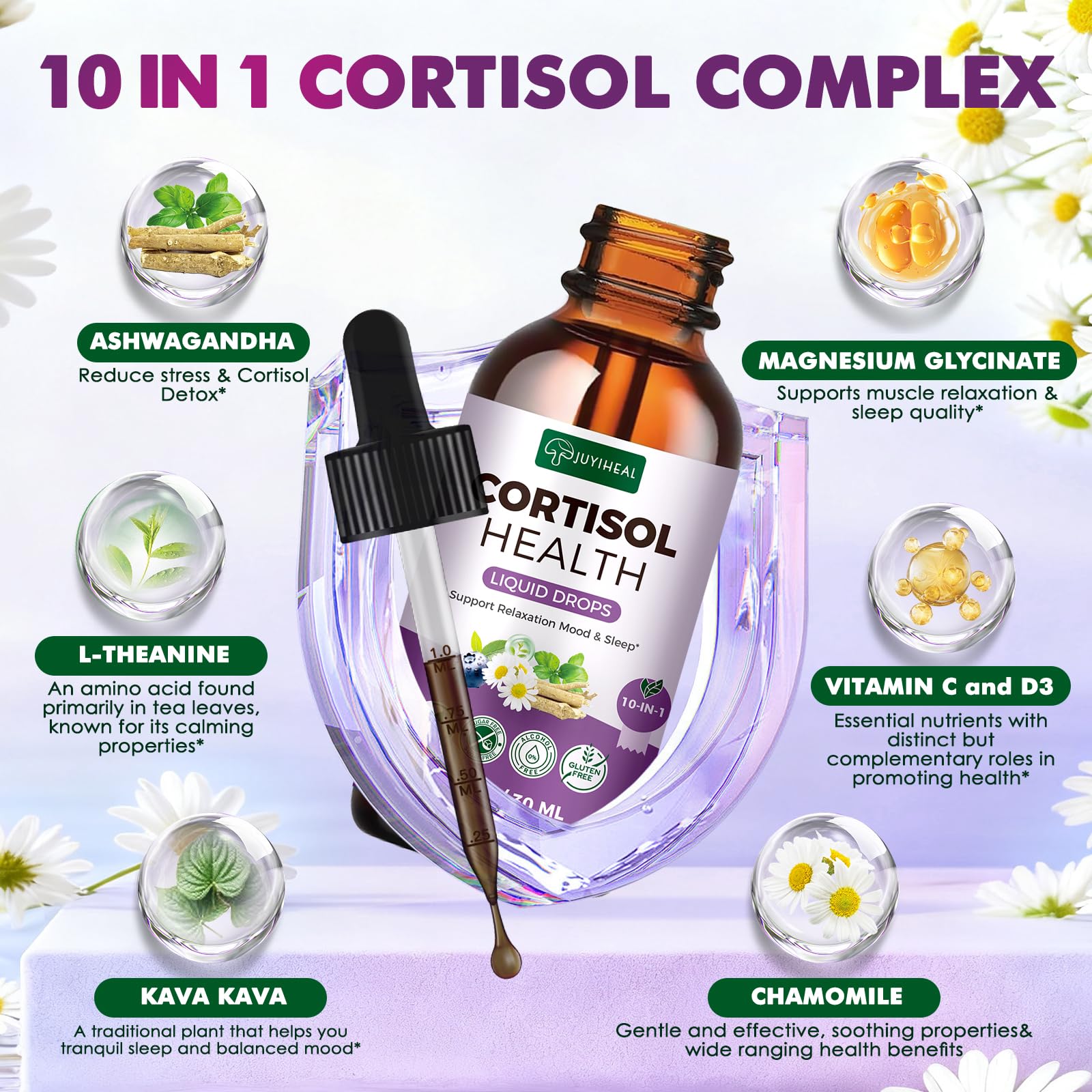 JUYIHEAL Cortisol Supplements, 10 in 1 Cortisol Detox Manager Reducer Hormone Balance Liquid Drops with Ashwagandha, Magnesium, L-theanine JUYIHEAL Au supplements