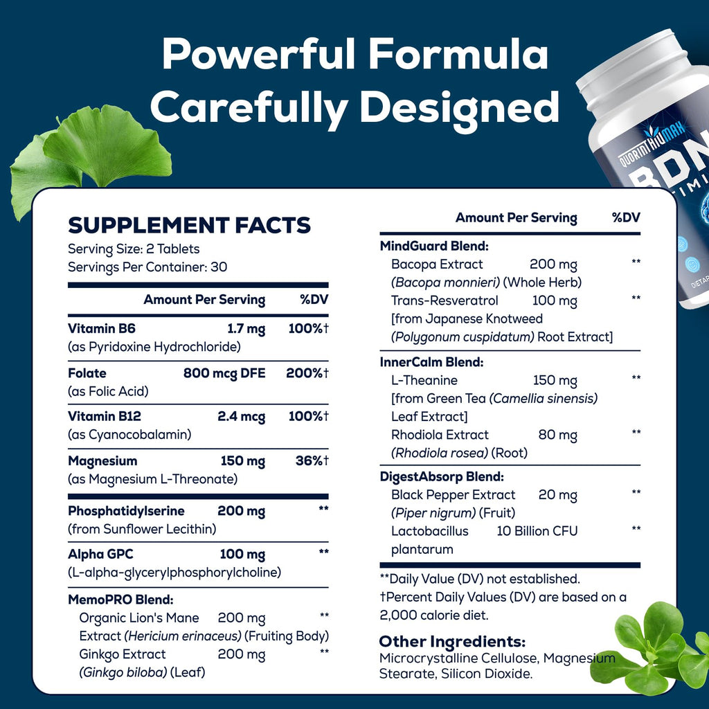 Nootropic Brain Supplement for Memory and Focus – BDNF Optimizer – Cognitive, Mental Clarity & Mood – High Absorption – Organic Lion's Mane, L-Theanine, Ginkgo Biloba & Alpha GPC – 60 Tablets Quorinthiumax Au supplements
