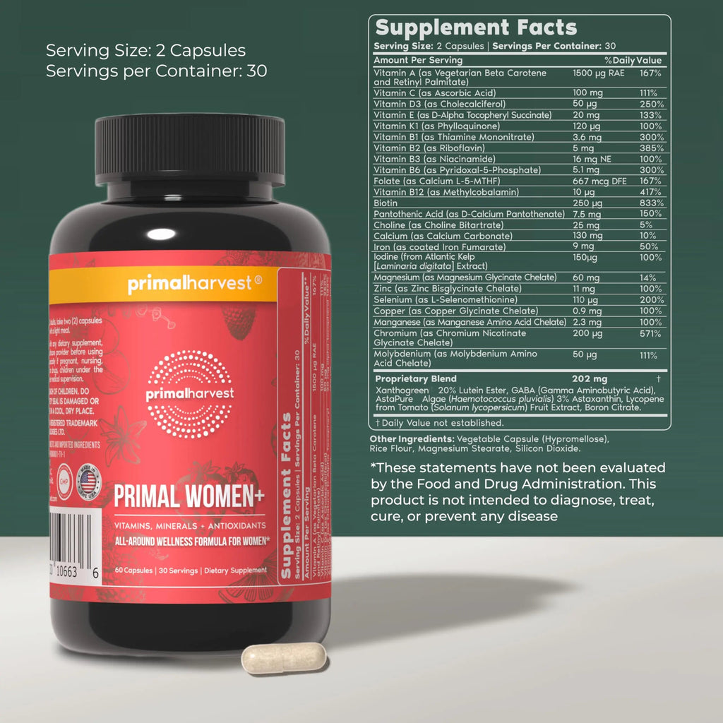 Primal Harvest Women+, Woman's Multivitamin Vitamin A, Vitamin C, Vitamin D and E, Vitamin B12, B6, Biotin Primal Harvest Au supplements