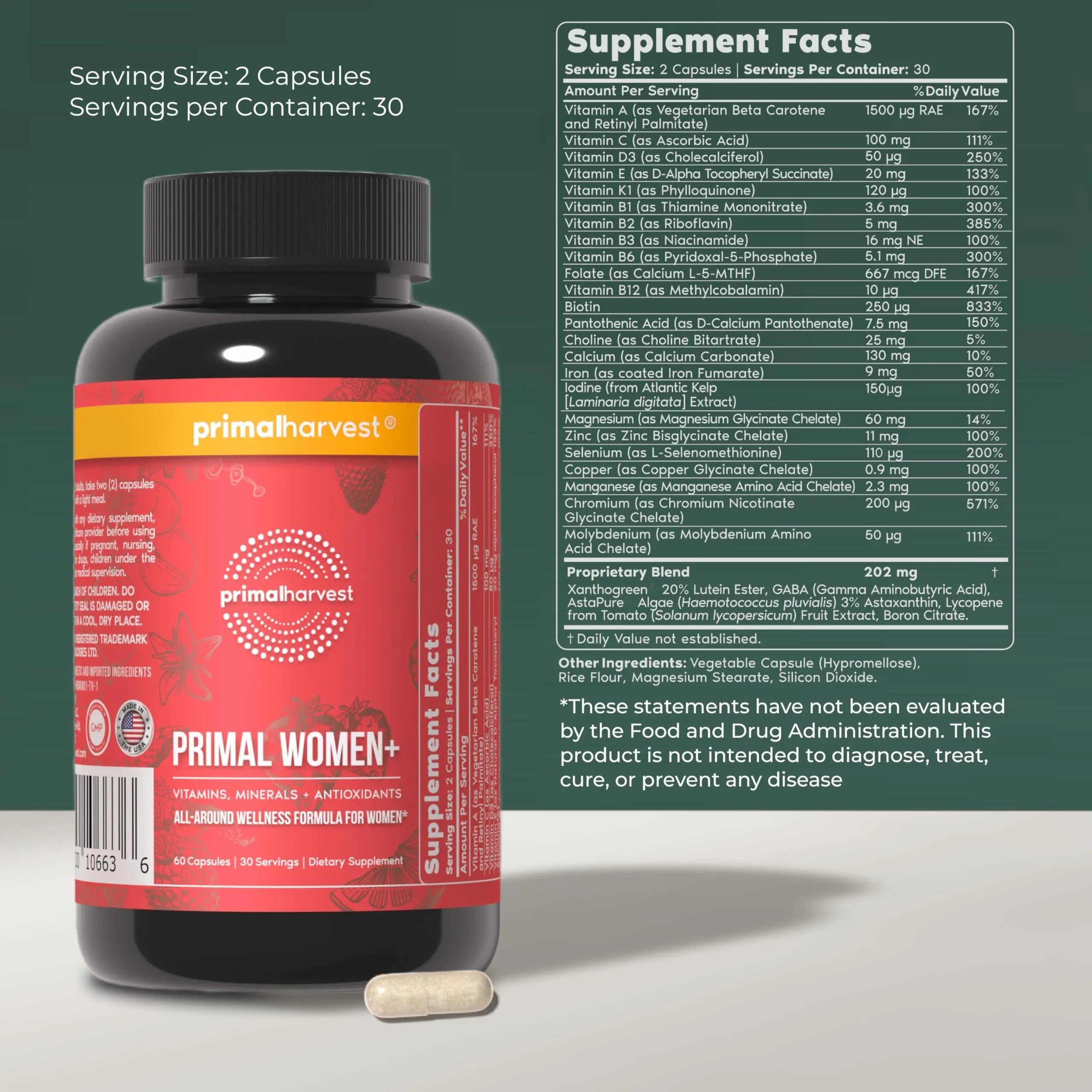 Primal Harvest Women+, Woman's Multivitamin Vitamin A, Vitamin C, Vitamin D and E, Vitamin B12, B6, Biotin Primal Harvest Au supplements