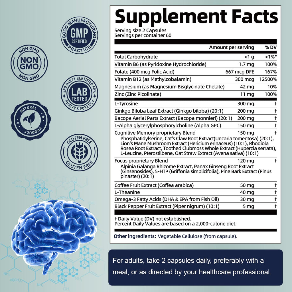 Totaria C-ognitive with Caffeine Pills, L-Tyrosine, Alpha GPC, Ginkgo Biloba, Bacopa Monnieri Brain Supplement for Memory and Focus, Brain Nootropic Support - Non-GMO, Gluten Free (2 Packs) Totaria Au supplements