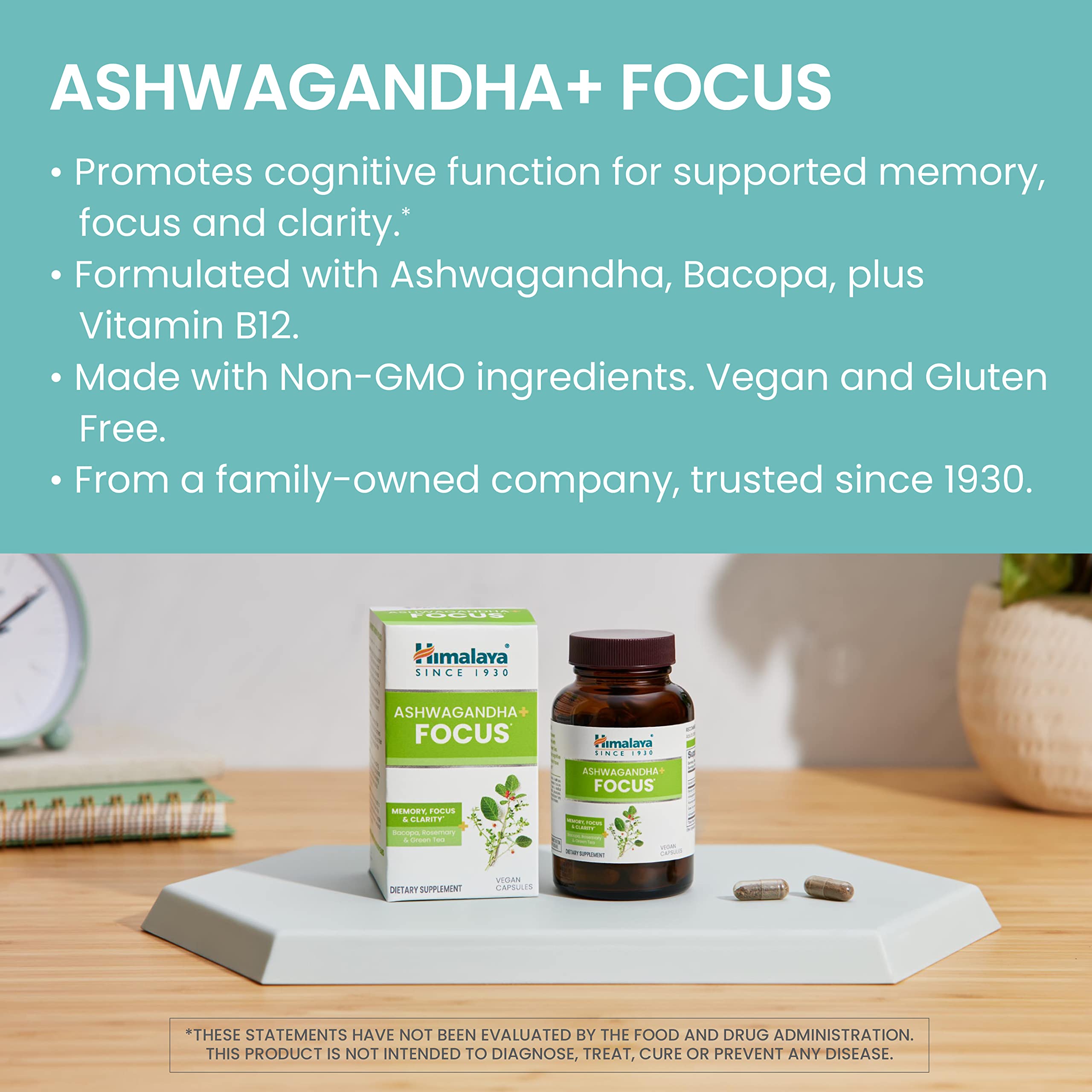 Himalaya Ashwagandha+ Focus - Herbal Focus Supplement with B12, Rosemary, Green Tea, and Bacopa Nootropics for Memory and Clarity - Vegan, Non-GMO, Gluten Free, 1690 mg, 60 Caplets Himalaya Au supplements