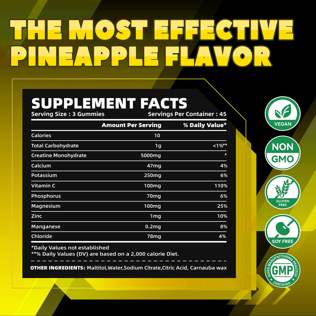 GlucoBio Creatine Monohydrate Gummies (5g) – Pre-Workout Energy & Muscle Growth Support for Men & Women | Pineapple Electrolyte Gummies (135 Count)