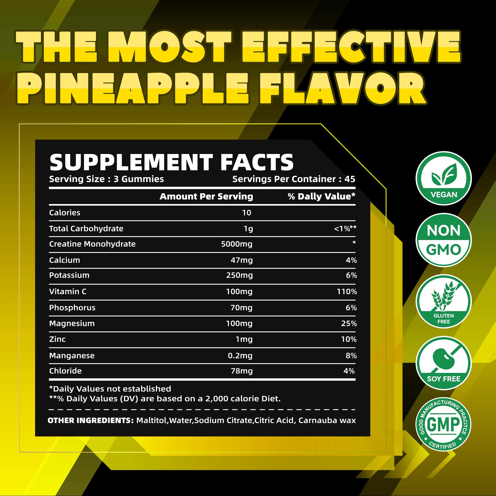 GlucoBio Creatine Monohydrate Gummies (5g) – Pre-Workout Energy & Muscle Growth Support for Men & Women | Pineapple Electrolyte Gummies (135 Count)