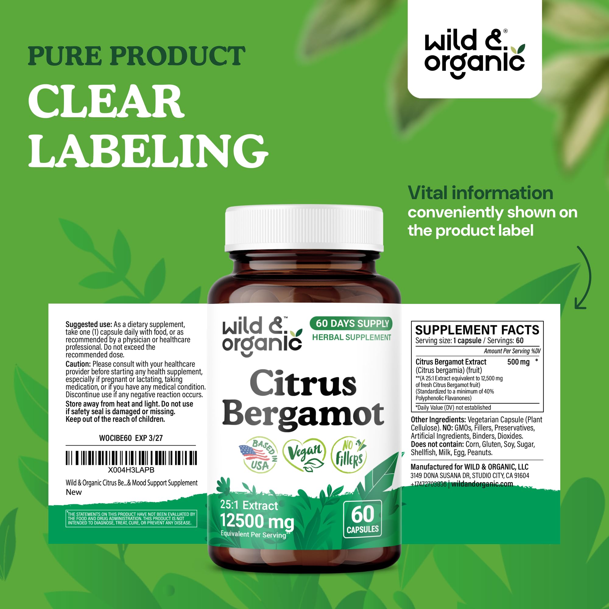 Wild & Organic Citrus Bergamot Capsules - Antioxidant & Overall Support - Citrus Bergamot Extract Capsules - Bergamia Fruit Powder Supplement