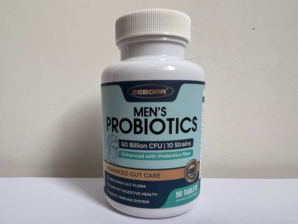 ZEBORA Probiotics for Men and Prebiotics for Digestive Health, 90 Tablets, 60 Billion CFUs for Immune and Gut Health, 10 Strains, Hypoallergenic Probiotics,