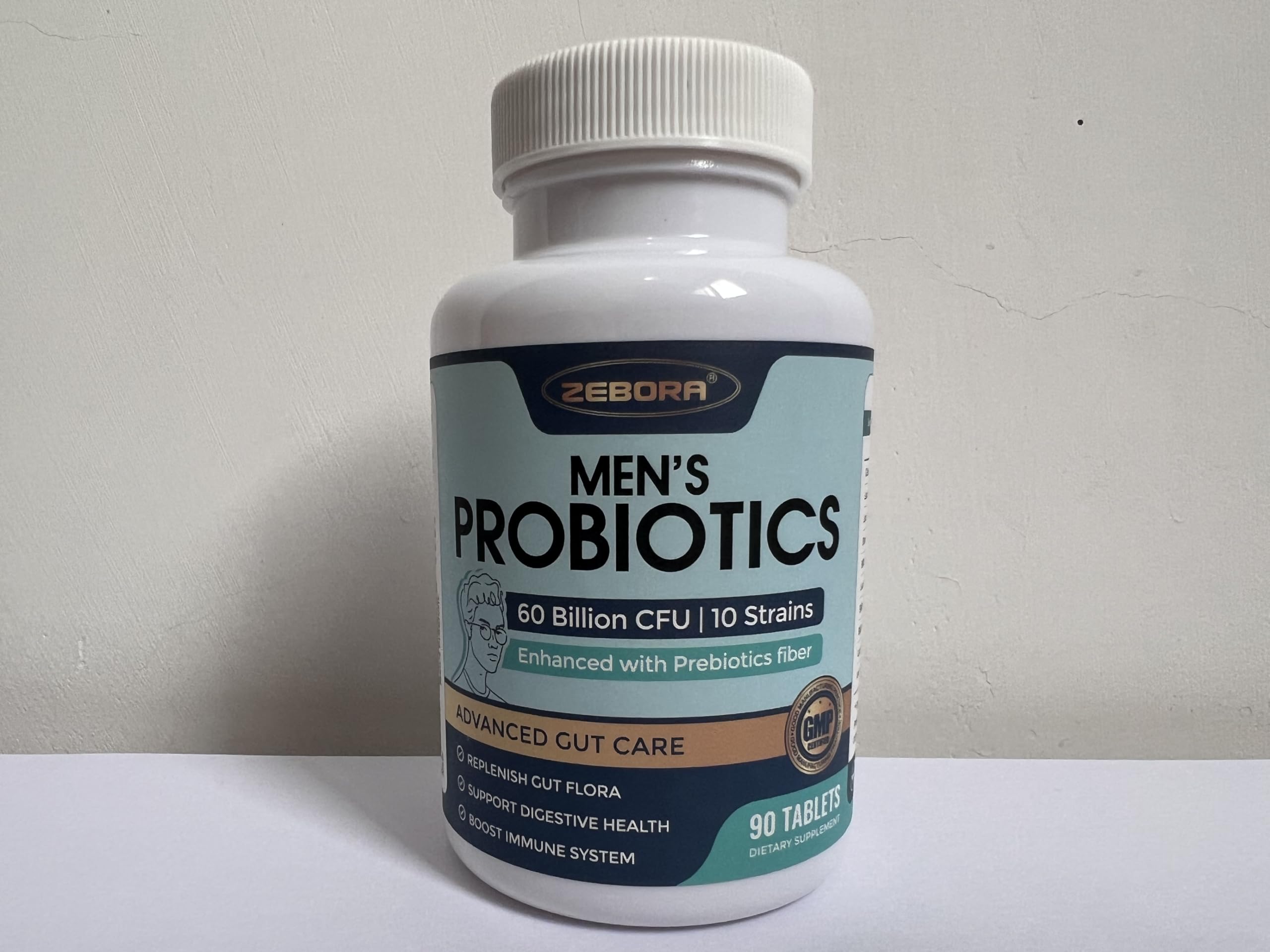 ZEBORA Probiotics for Men and Prebiotics for Digestive Health, 90 Tablets, 60 Billion CFUs for Immune and Gut Health, 10 Strains, Hypoallergenic Probiotics,
