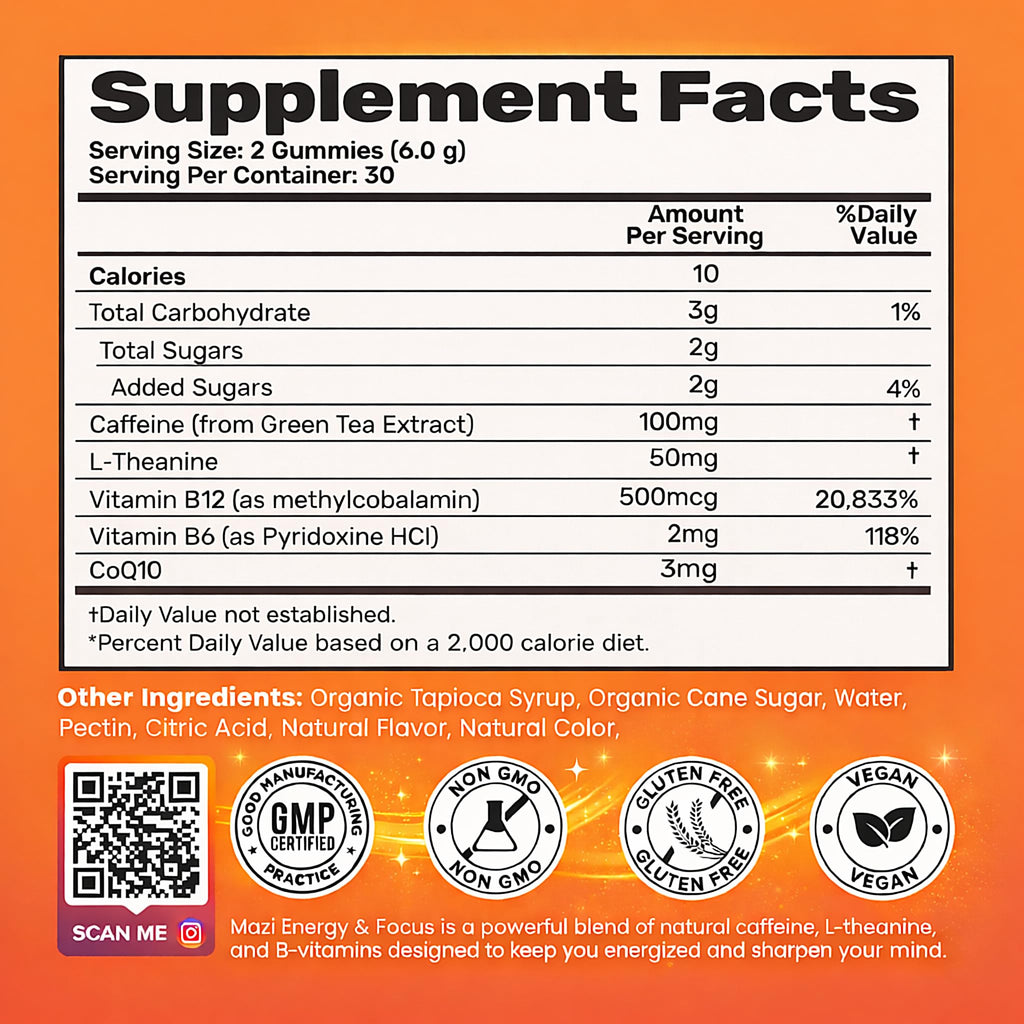 Energy & Focus Gummies | 100mg Natural Caffeine + L-Theanine + Vitamin B6 & B12 + CoQ10 | Nootropic Cognitive Brain Performance Supplement | No Crash or Jitters MAZI Au supplements