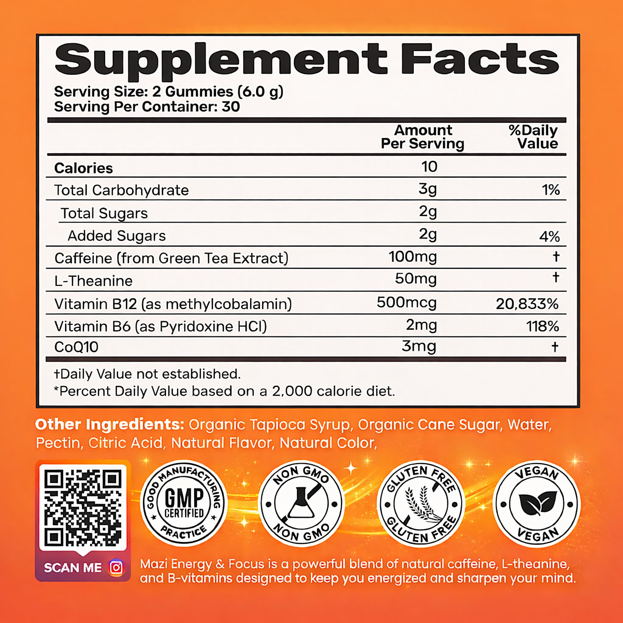 Energy & Focus Gummies | 100mg Natural Caffeine + L-Theanine + Vitamin B6 & B12 + CoQ10 | Nootropic Cognitive Brain Performance Supplement | No Crash or Jitters MAZI Au supplements