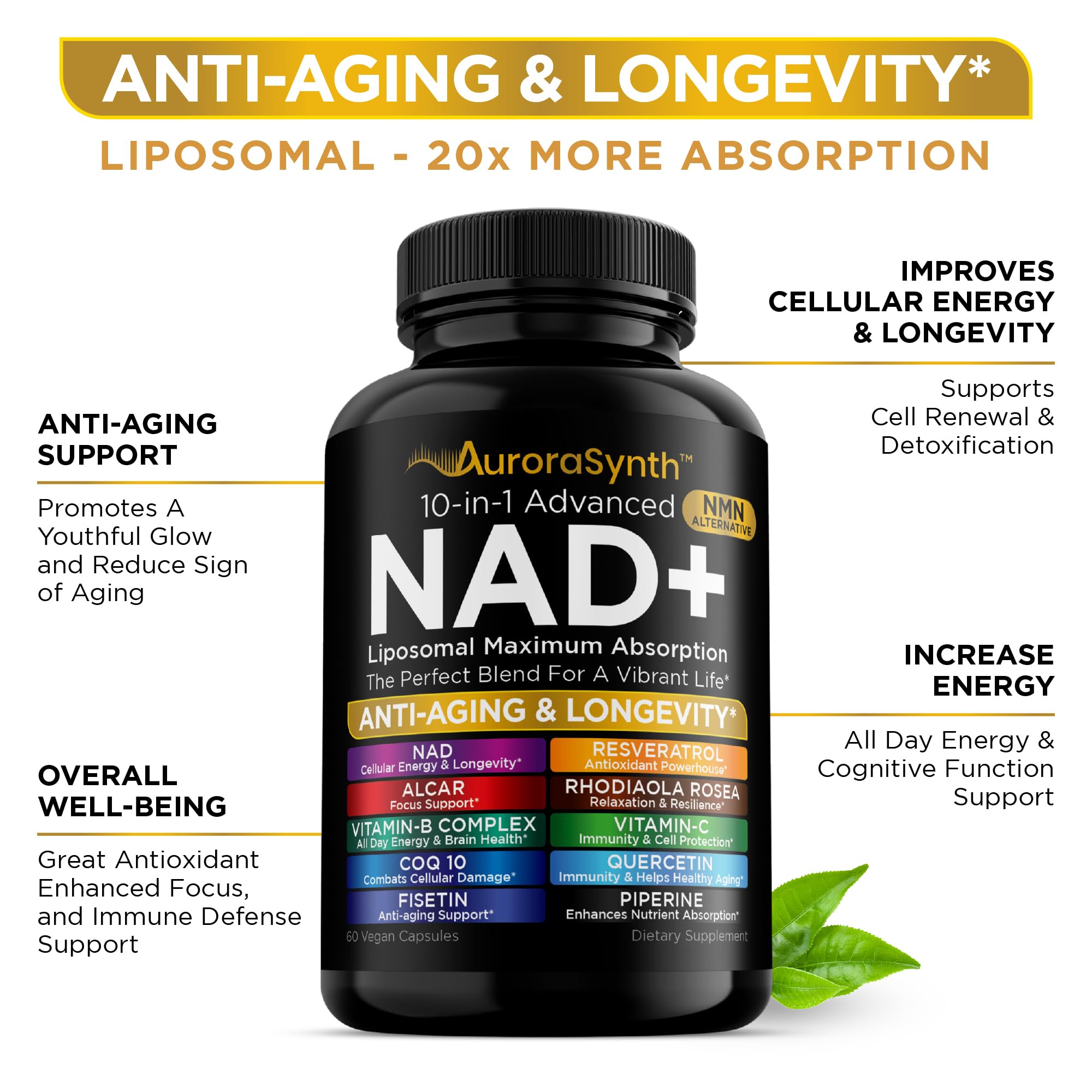 NAD+ Supplement Liposomal Capsules - Max Absorption for Cellular Energy, Healthy Aging, Brain Function & DNA Health - Vegan, Non-GMO, Gluten-Free Supplement - 60 Capsules - Supports NAD Levels AuroraSynth Au supplements