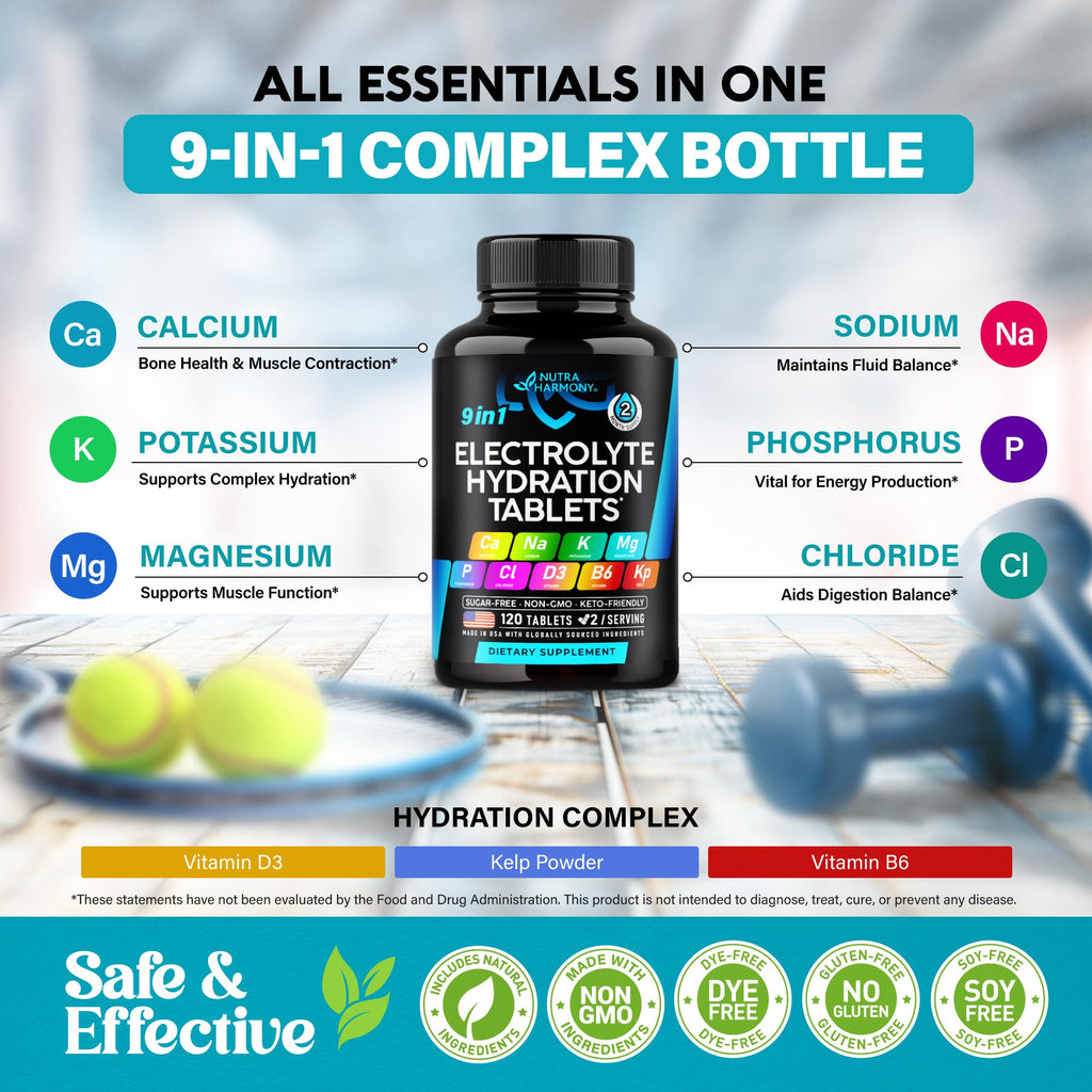 Electrolytes - Electrolyte Tablets with Magnesium, Sodium, Potassium, Chloride, Vitamins D3 & B6, Kelp Powder - Salt Pills - Made in USA