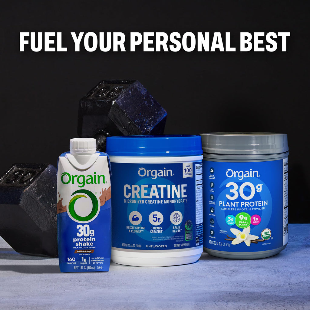 Orgain Creatine Monohydrate Micronized Powder, 100 Servings, Unflavored, Supports Muscle Growth, Post Workout Recovery and Brain Health, No Artificial Additives