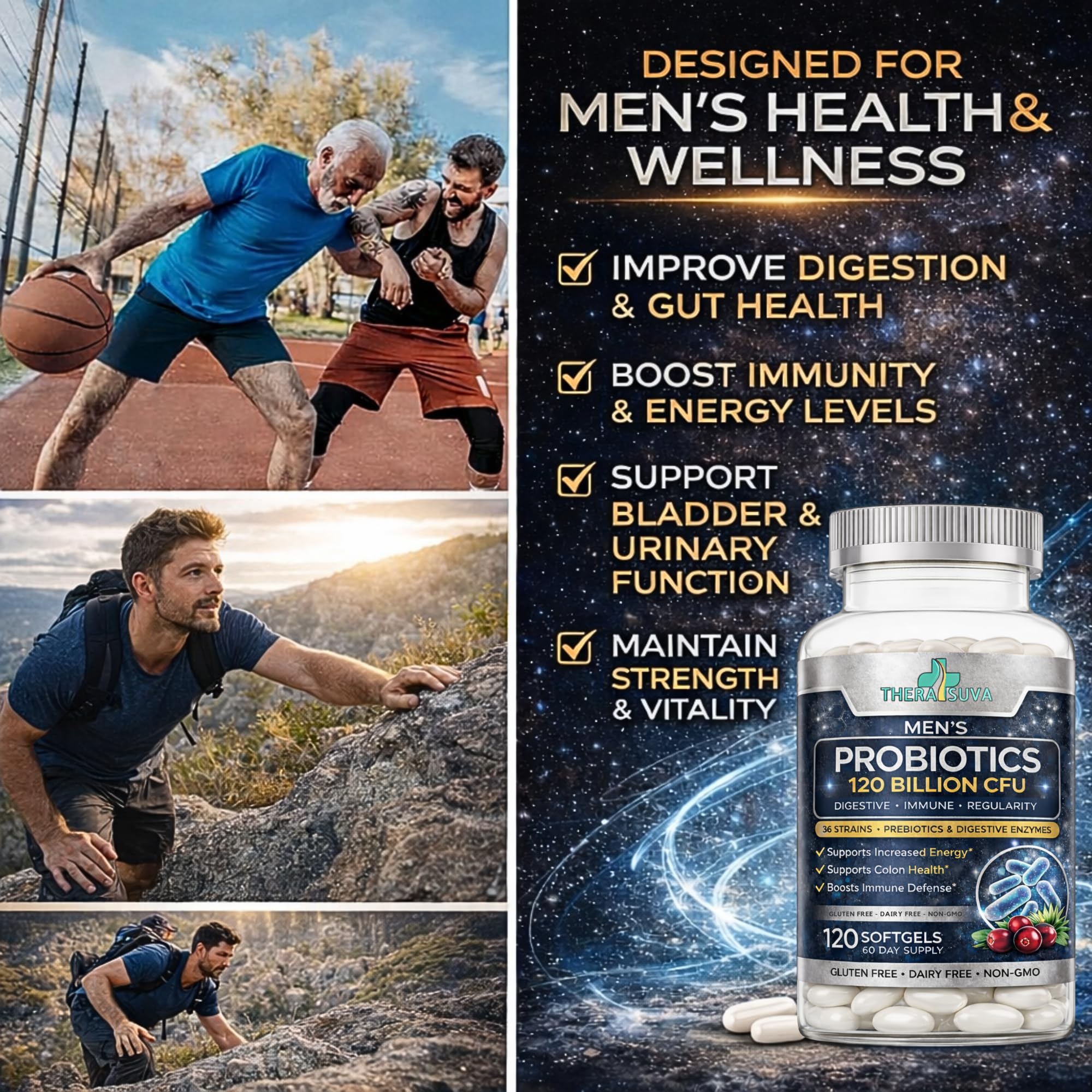 Men’s Advanced Probiotics 120 Billion CFU - 36 Strains + Prebiotics, Enzymes & Veggie Blend for Gut, Immune & Colon Health - 2 Month Supply, 120 Softgels