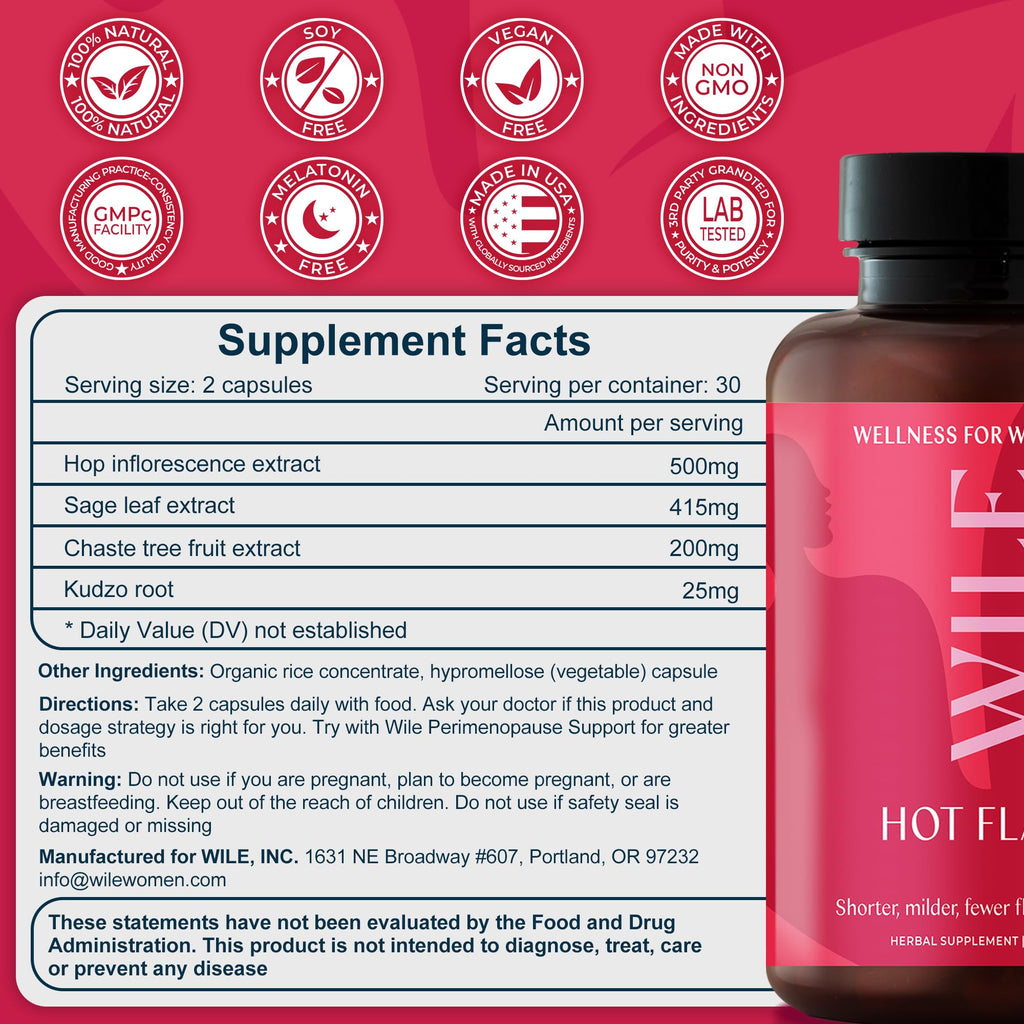 WILE Menopause and Perimenopause Supplements for Women - Hot Flashes and Night Sweats Relief with Kudzu Root - Premenopause Support for Stress, Hot Flash, Hormone Balance & Restful Sleep, 30 Servings WILE Au supplements