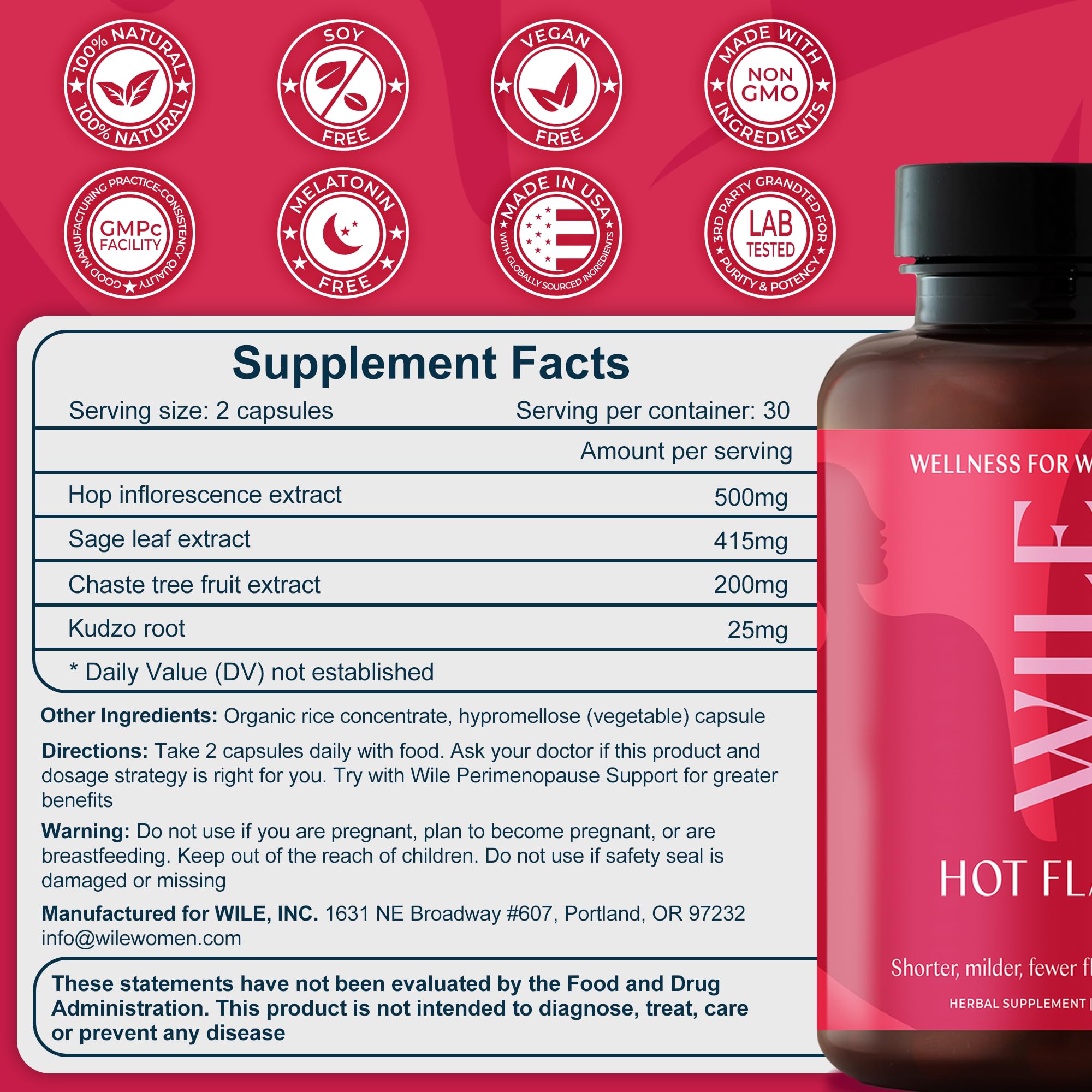 WILE Menopause and Perimenopause Supplements for Women - Hot Flashes and Night Sweats Relief with Kudzu Root - Premenopause Support for Stress, Hot Flash, Hormone Balance & Restful Sleep, 30 Servings WILE Au supplements