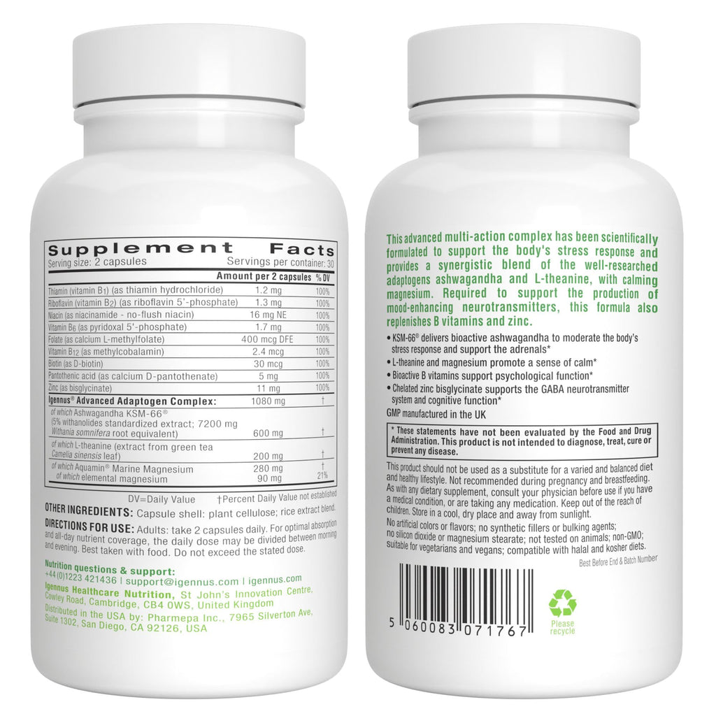 Igennus High Strength Ashwagandha, Magnesium, & L-Theanine Stress Relief Complex, KSM-66 Root Extract Adaptogens, Boosted with Methylfolate, Zinc & Biotin Clean Label, 60 Fast Acting Capsules Igennus Healthcare Nutrition Au supplements