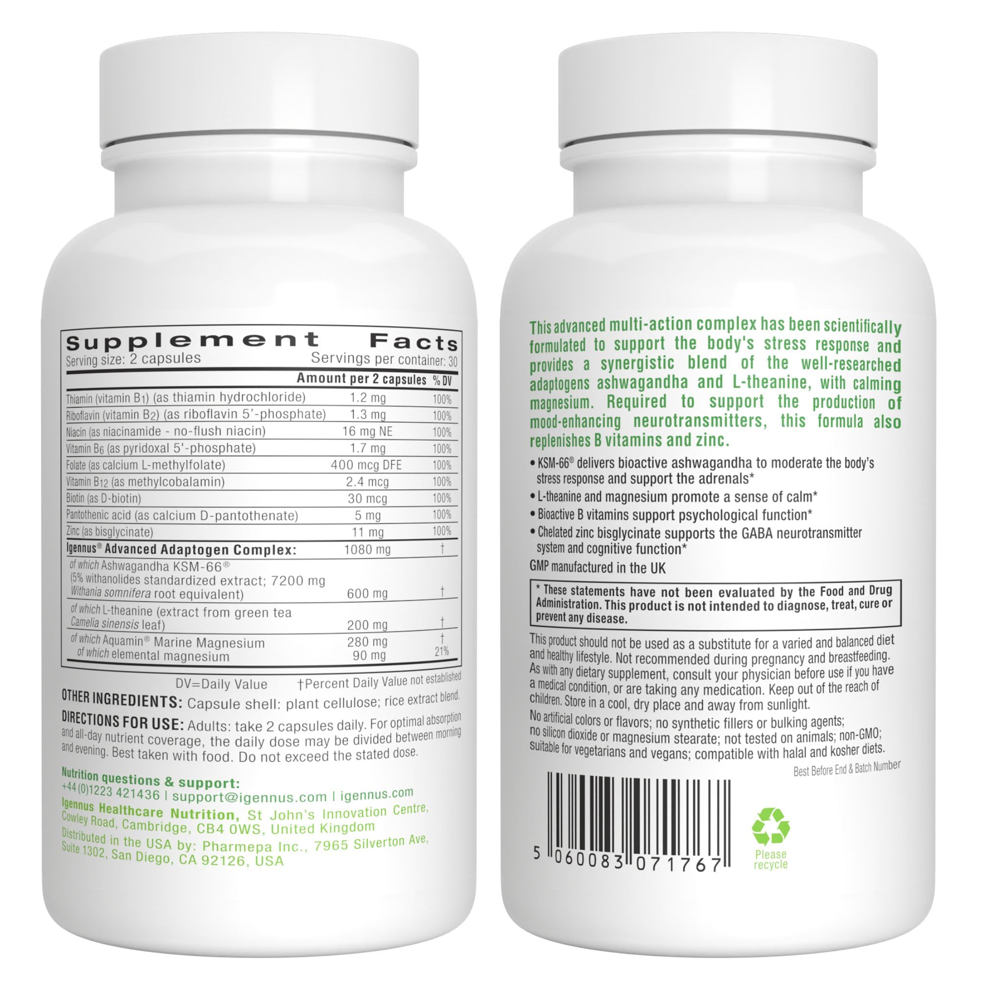 Igennus High Strength Ashwagandha, Magnesium, & L-Theanine Stress Relief Complex, KSM-66 Root Extract Adaptogens, Boosted with Methylfolate, Zinc & Biotin Clean Label, 60 Fast Acting Capsules Igennus Healthcare Nutrition Au supplements