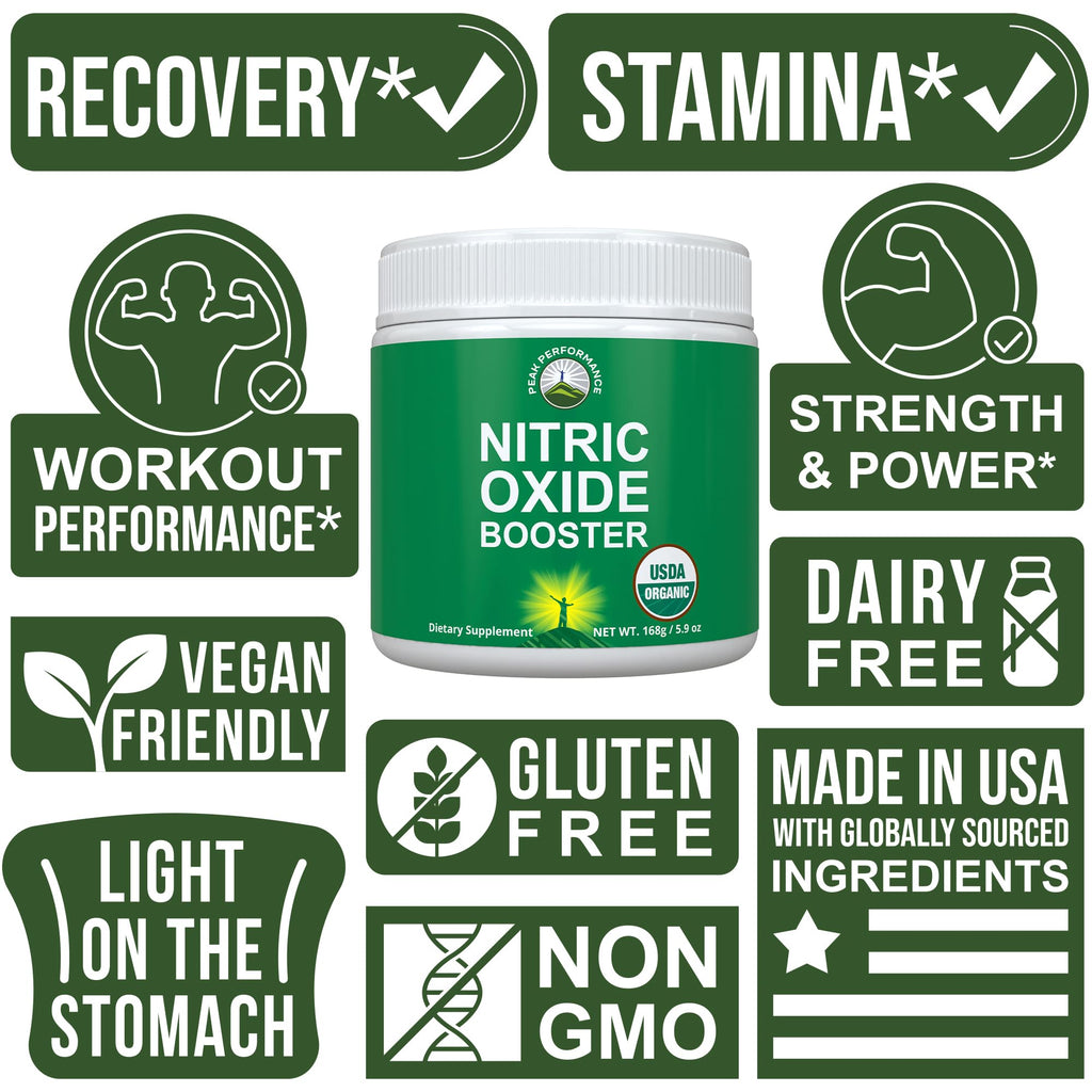 USDA Organic Plant Based Nitric Oxide Booster Powder Supplement for Men & Women. Caffeine Free Supplements 5 Top Organic Ingredients. Beet Root, Tart Cherry, Acerola Cherry, Pomegranate, Red Ginseng Peak Performance Au supplements
