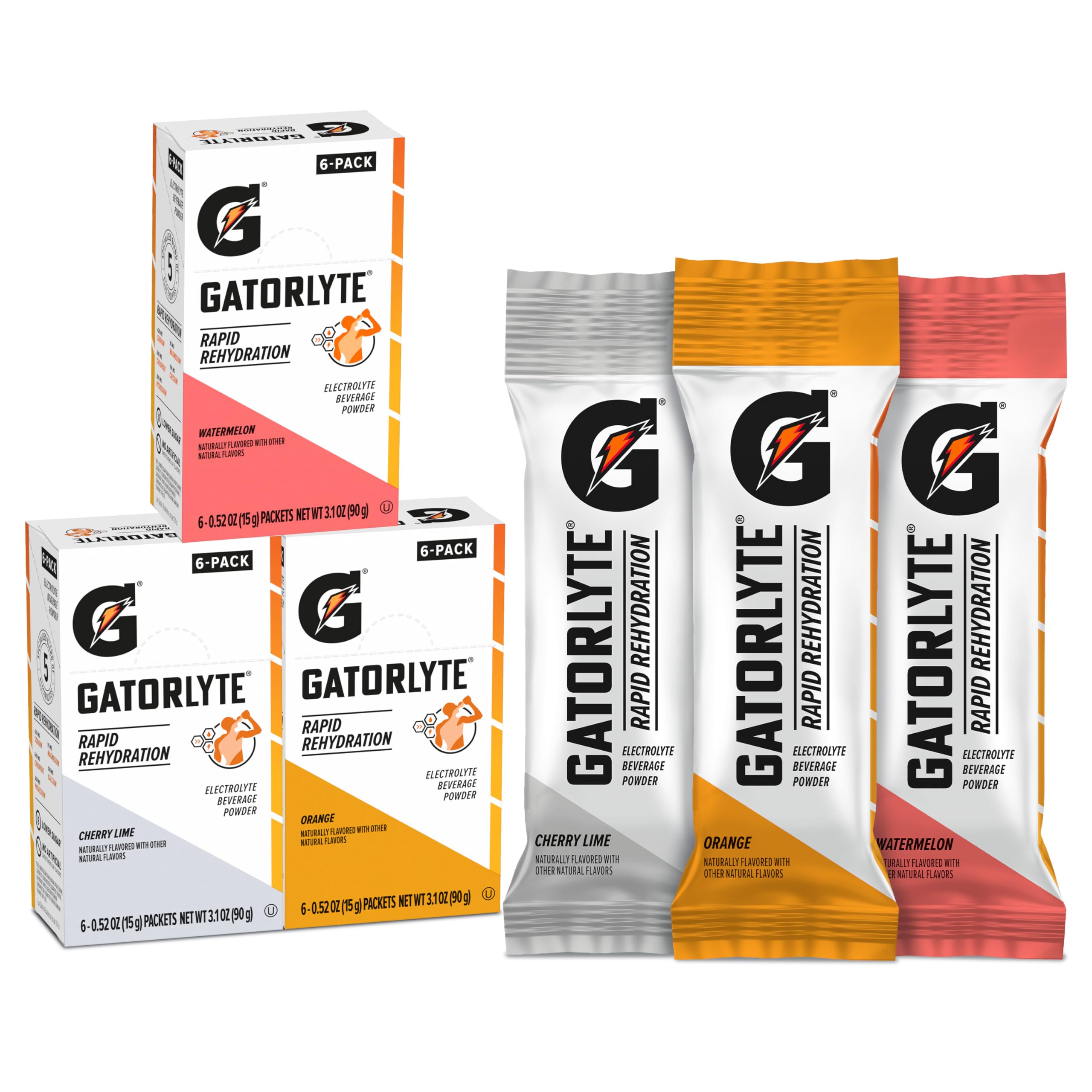 Gatorlyte Rapid Rehydration Electrolyte Beverage, Variety Pack, Lower Sugar, Specialized Blend of 5 Electrolytes, No Artificial Sweeteners or Flavors, 18 pack